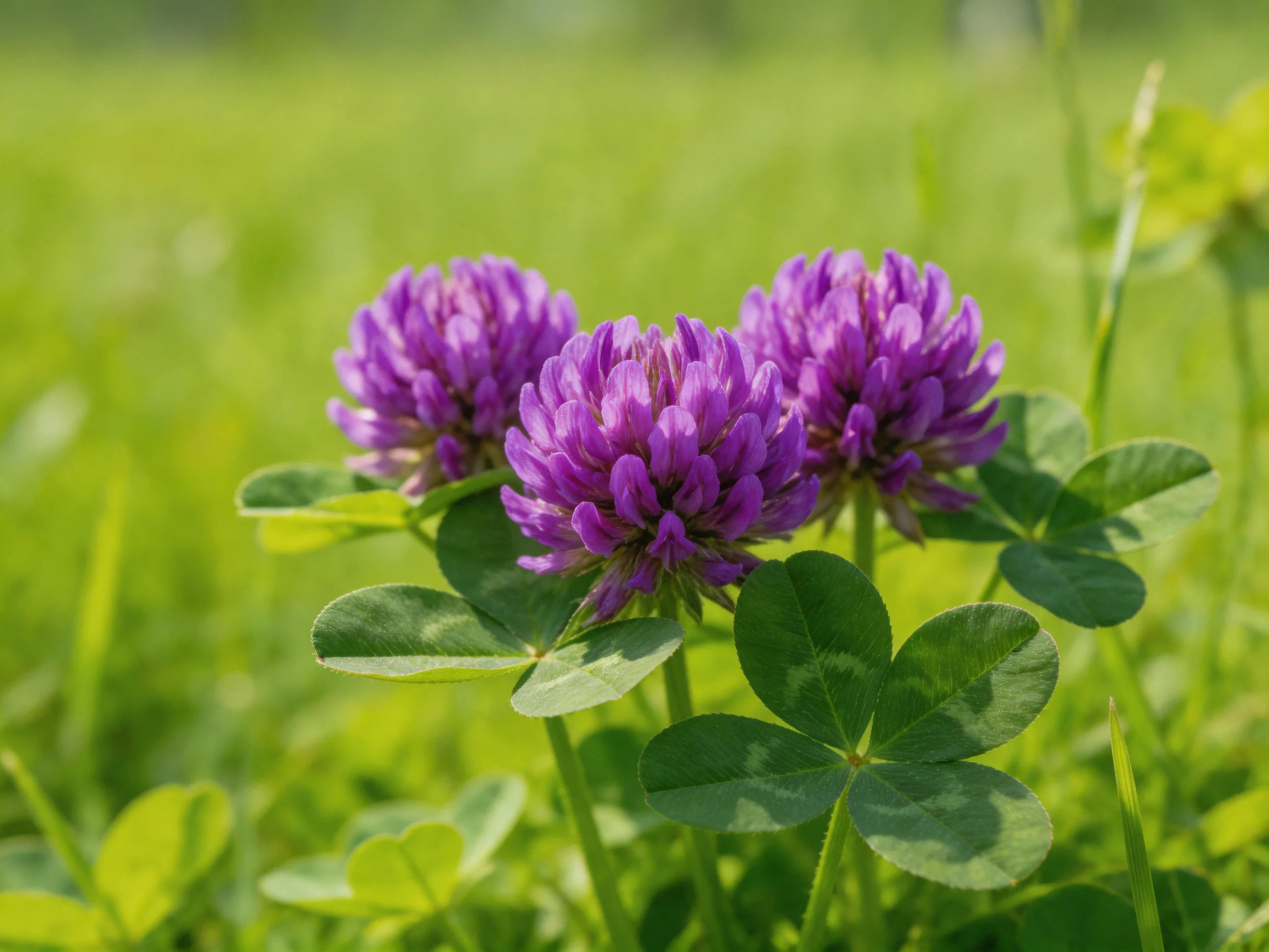 Three vibrant purple clover blooms amidst lush green foliage