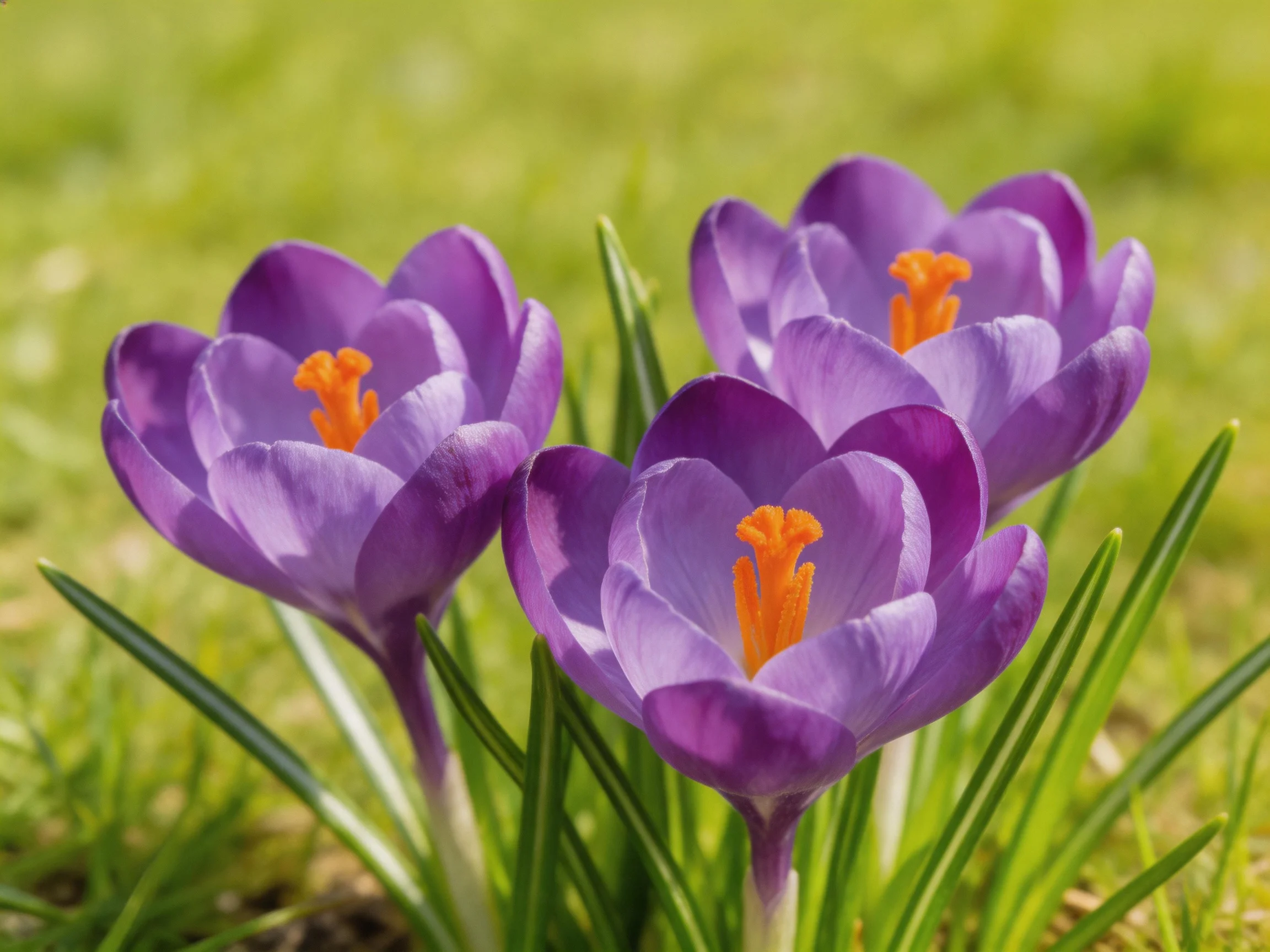 Three vibrant purple crocus flowers bloom among green foliage
