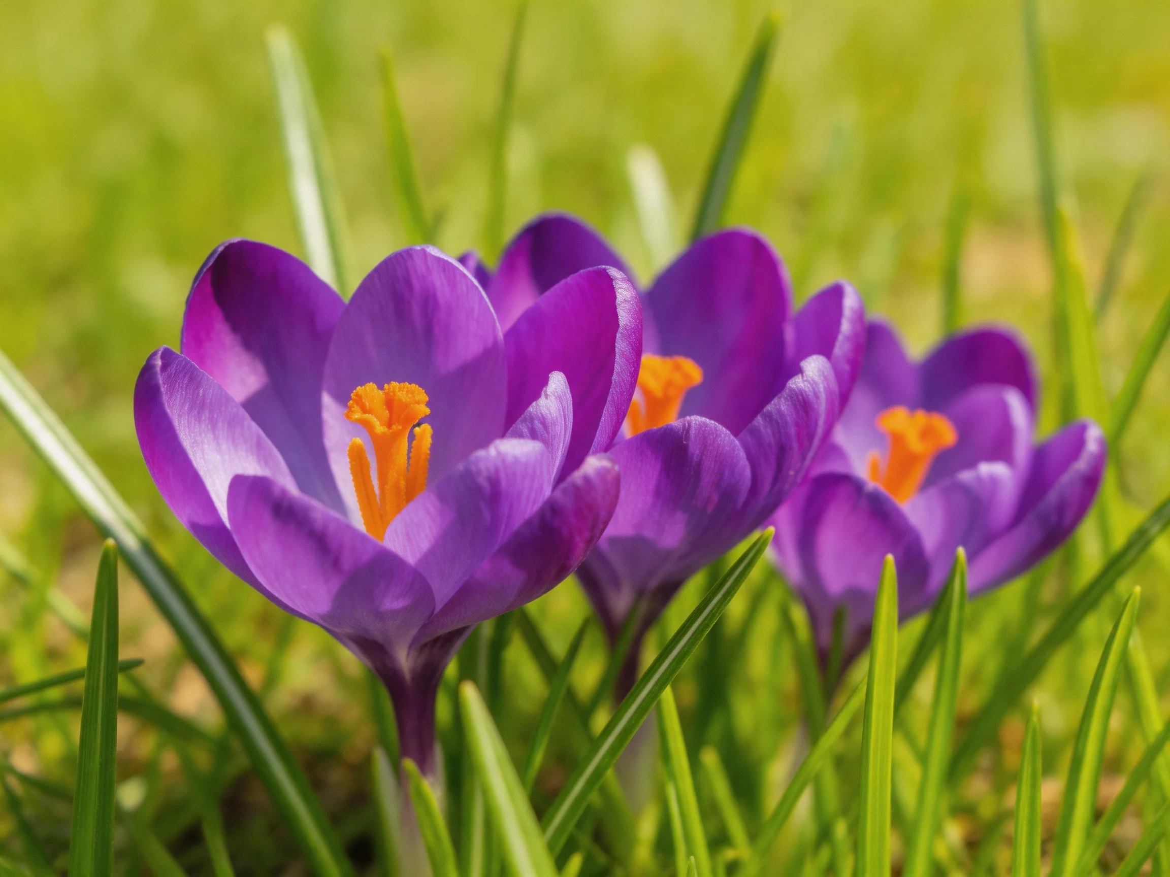 Three vibrant purple crocus flowers bloom among lush green grass