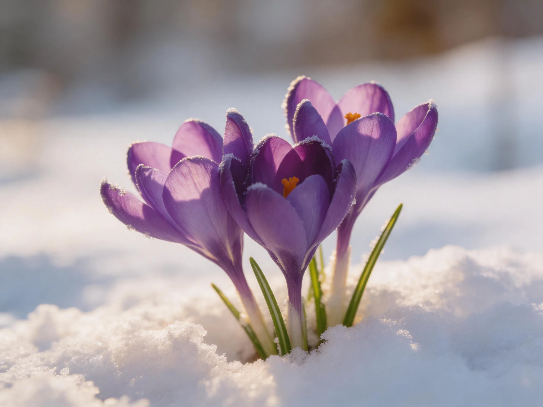 Three vibrant purple crocus flowers bloom through fresh white snow