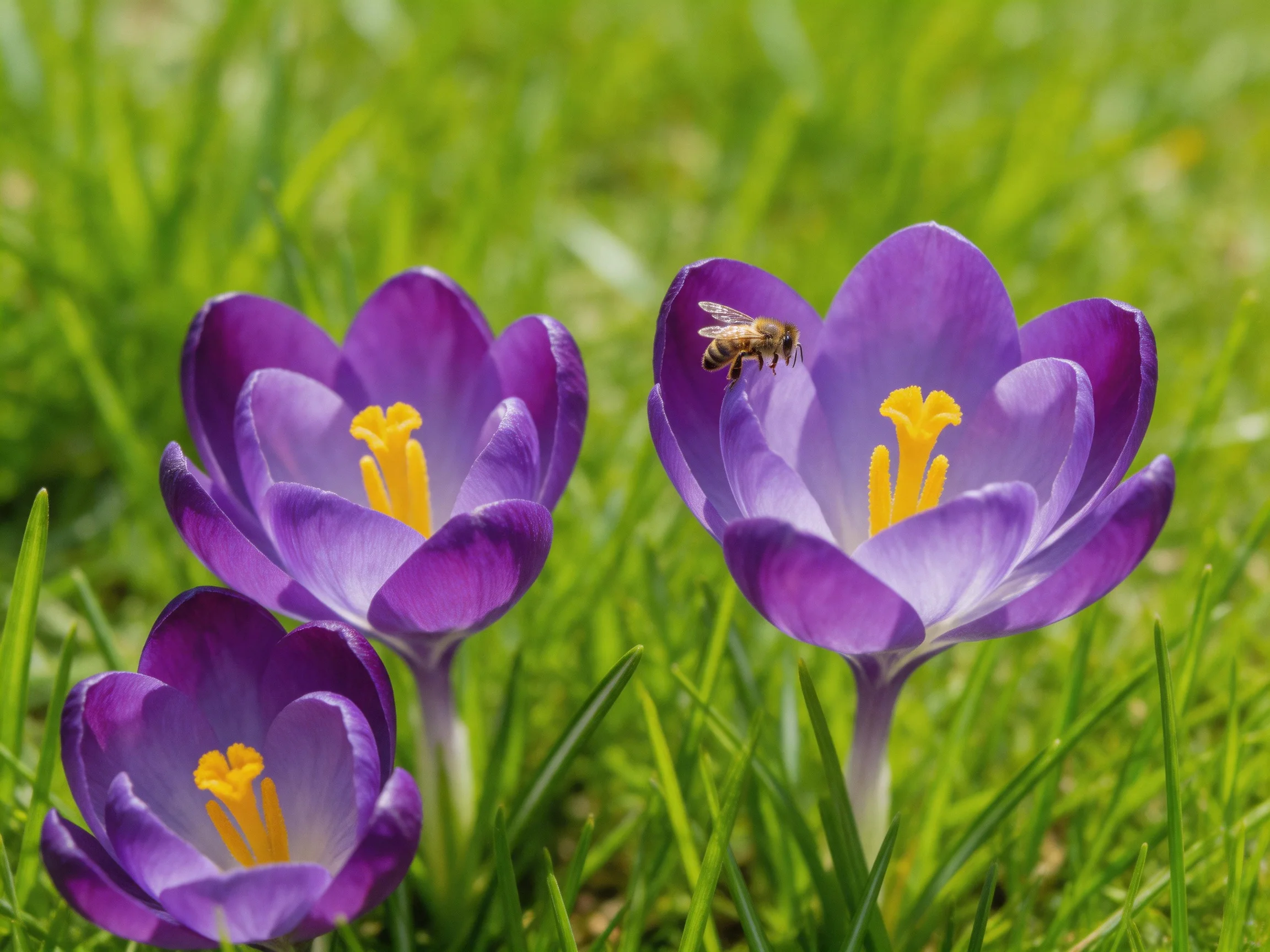 Three vibrant purple crocus flowers with a bee amid green grass