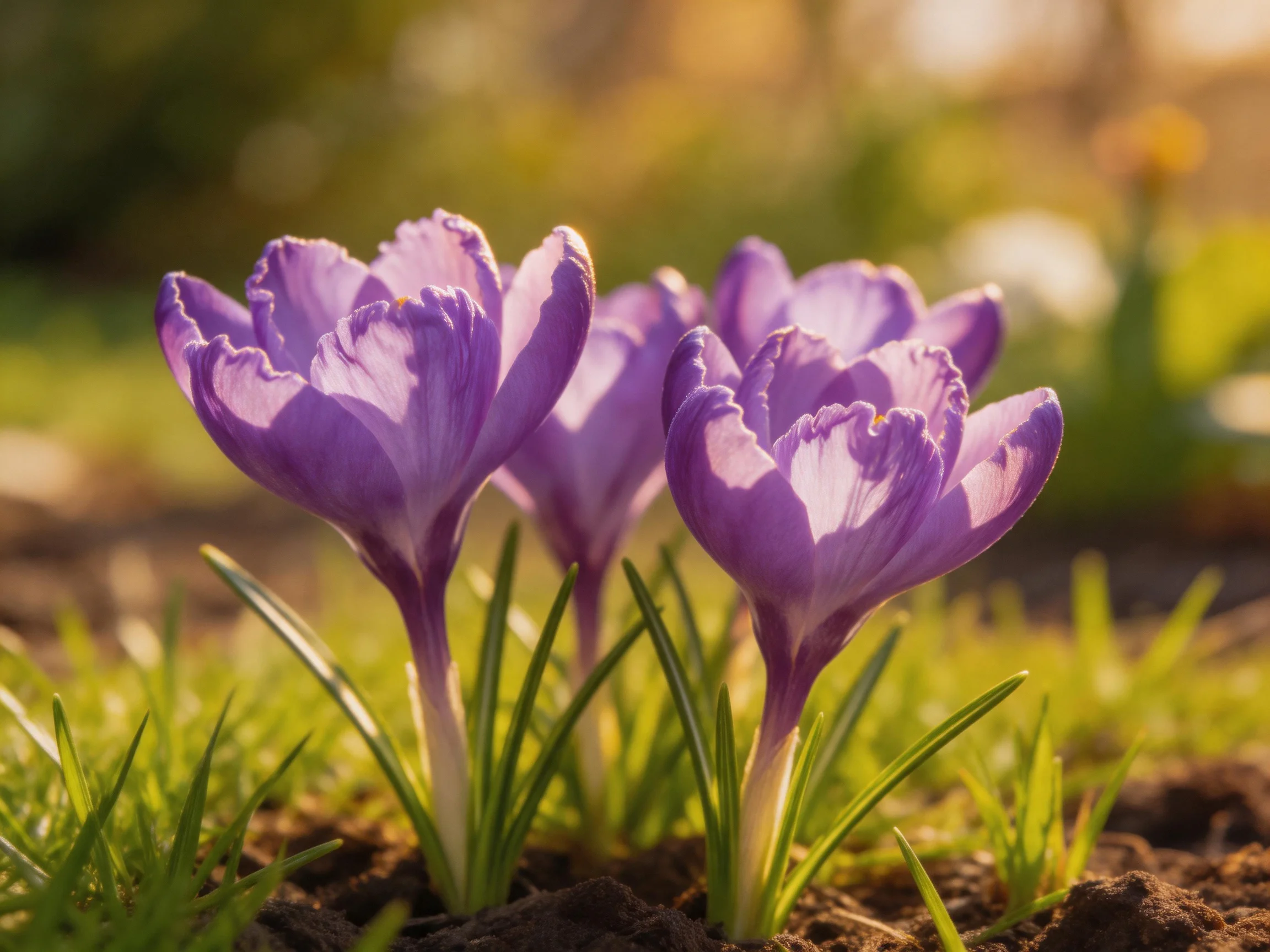Three vibrant purple crocuses bloom among green grass and soil