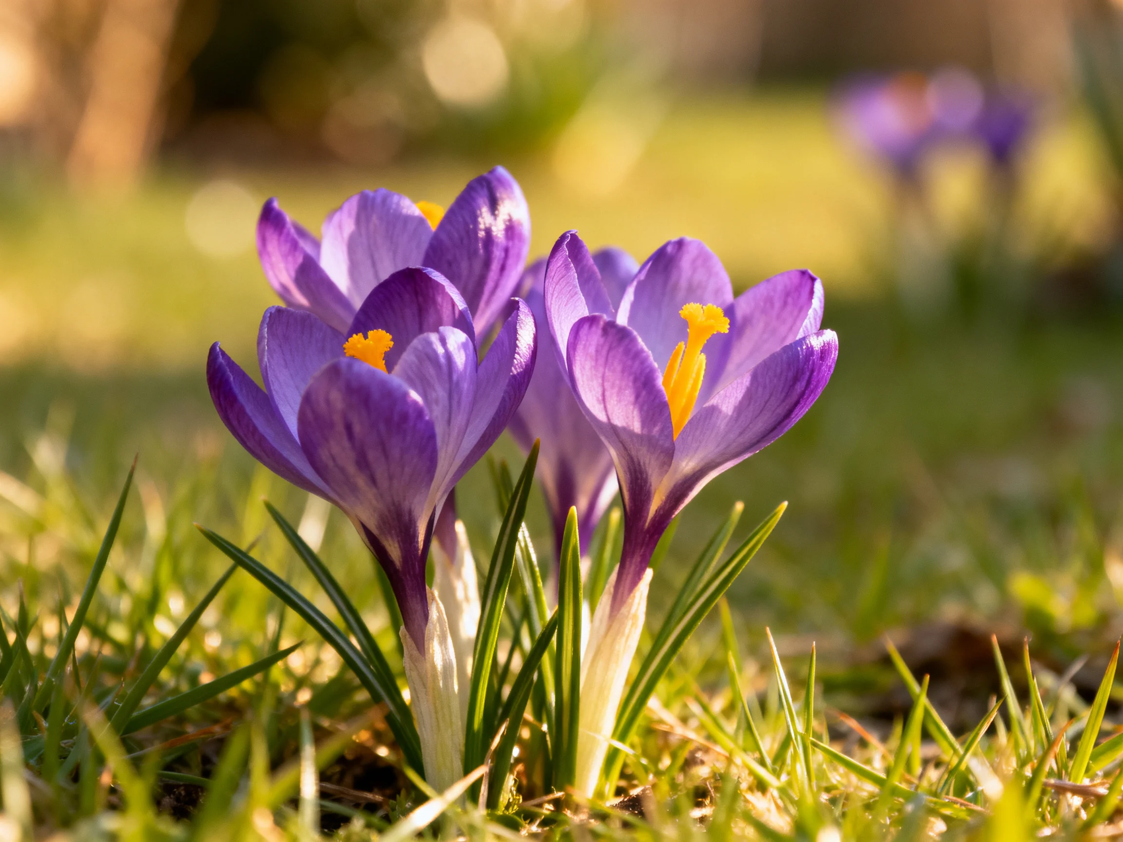 Three vibrant purple crocuses bloom among green grass