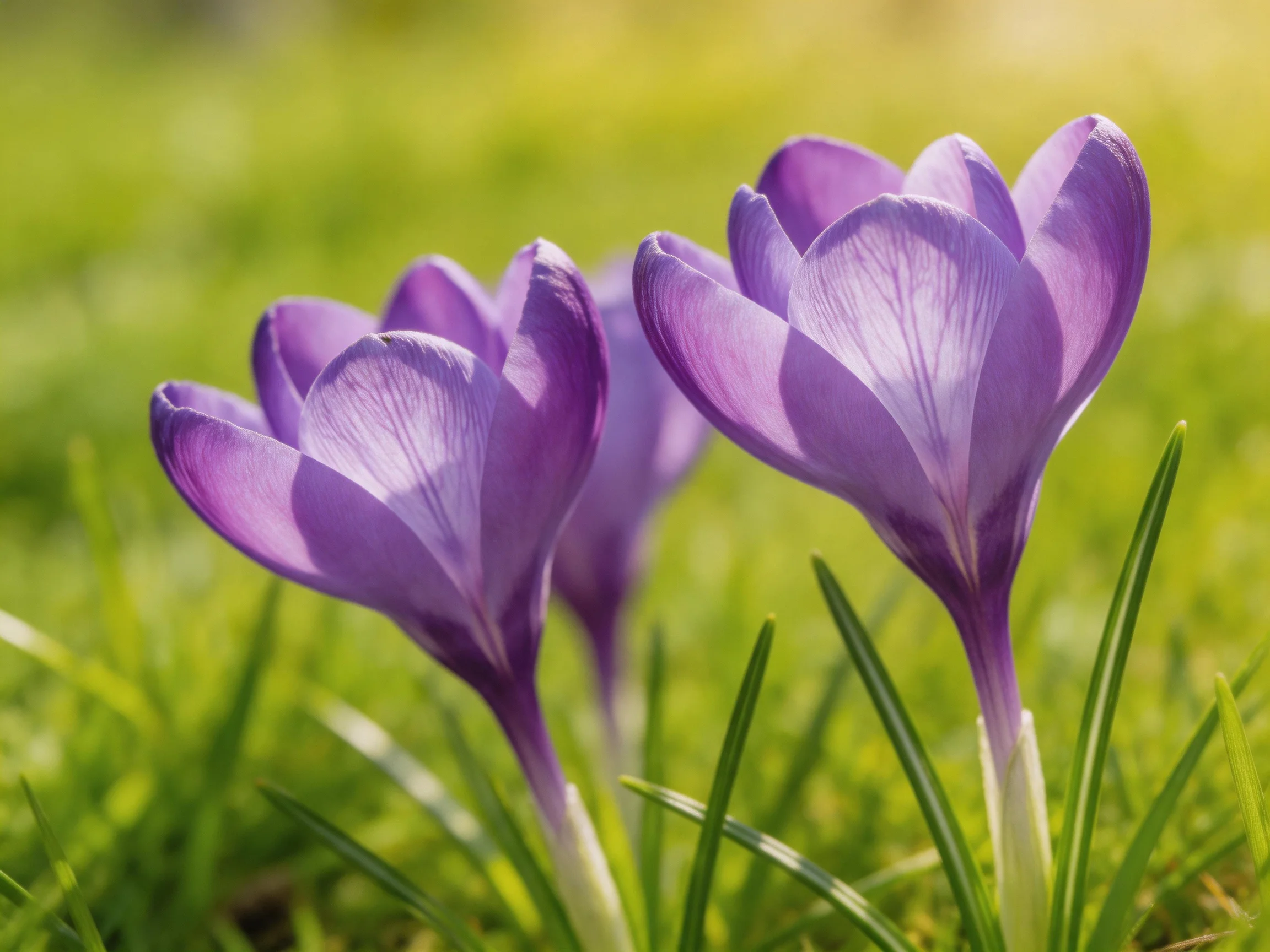 Three vibrant purple crocuses bloom among lush green grass