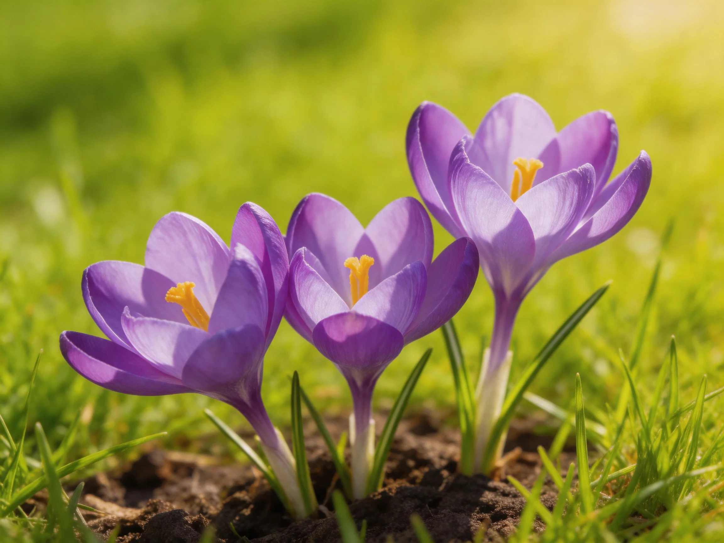 Three vibrant purple crocuses bloom in lush green grass