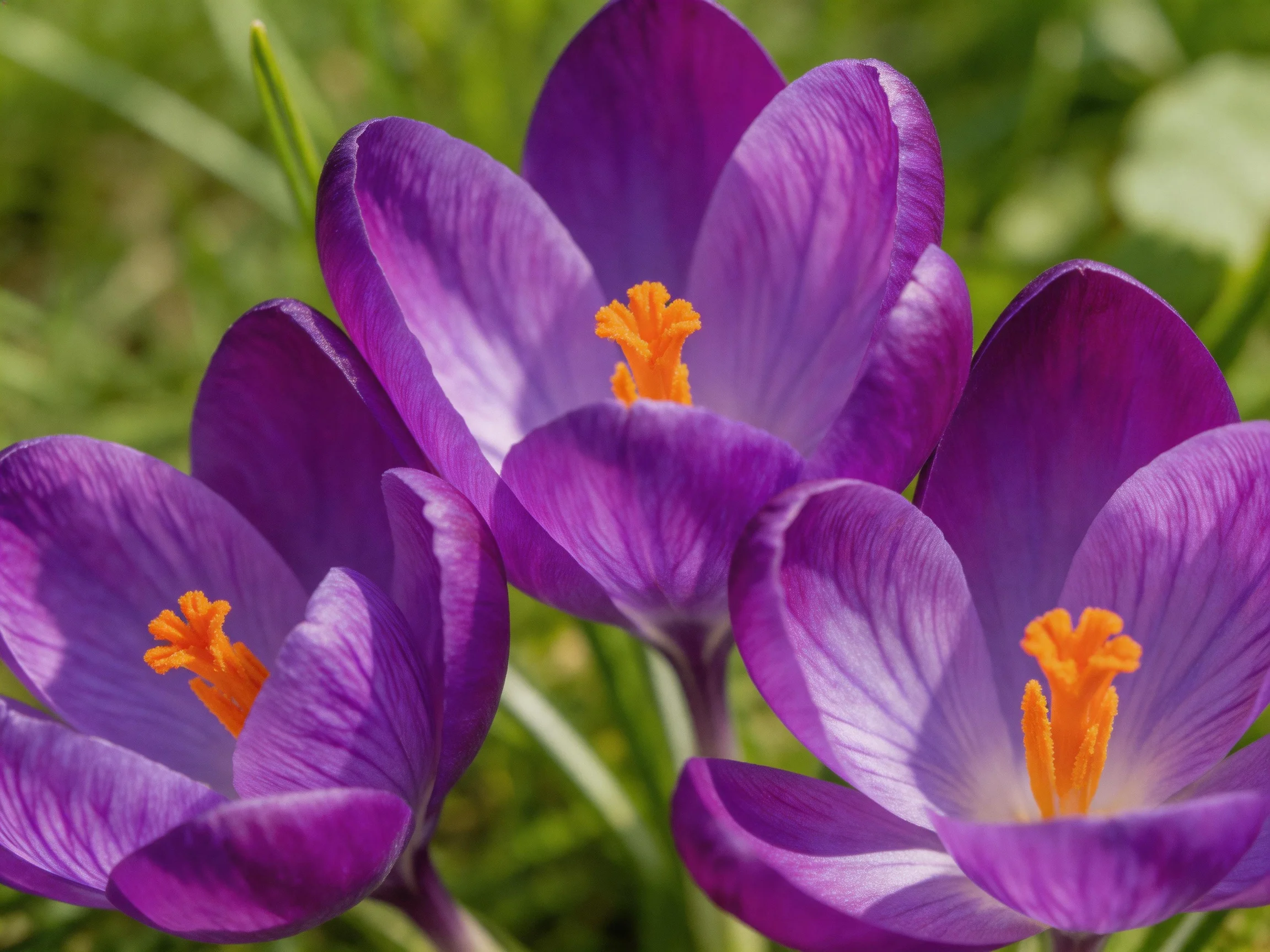 Three vibrant purple crocuses bloom with bright orange stamens