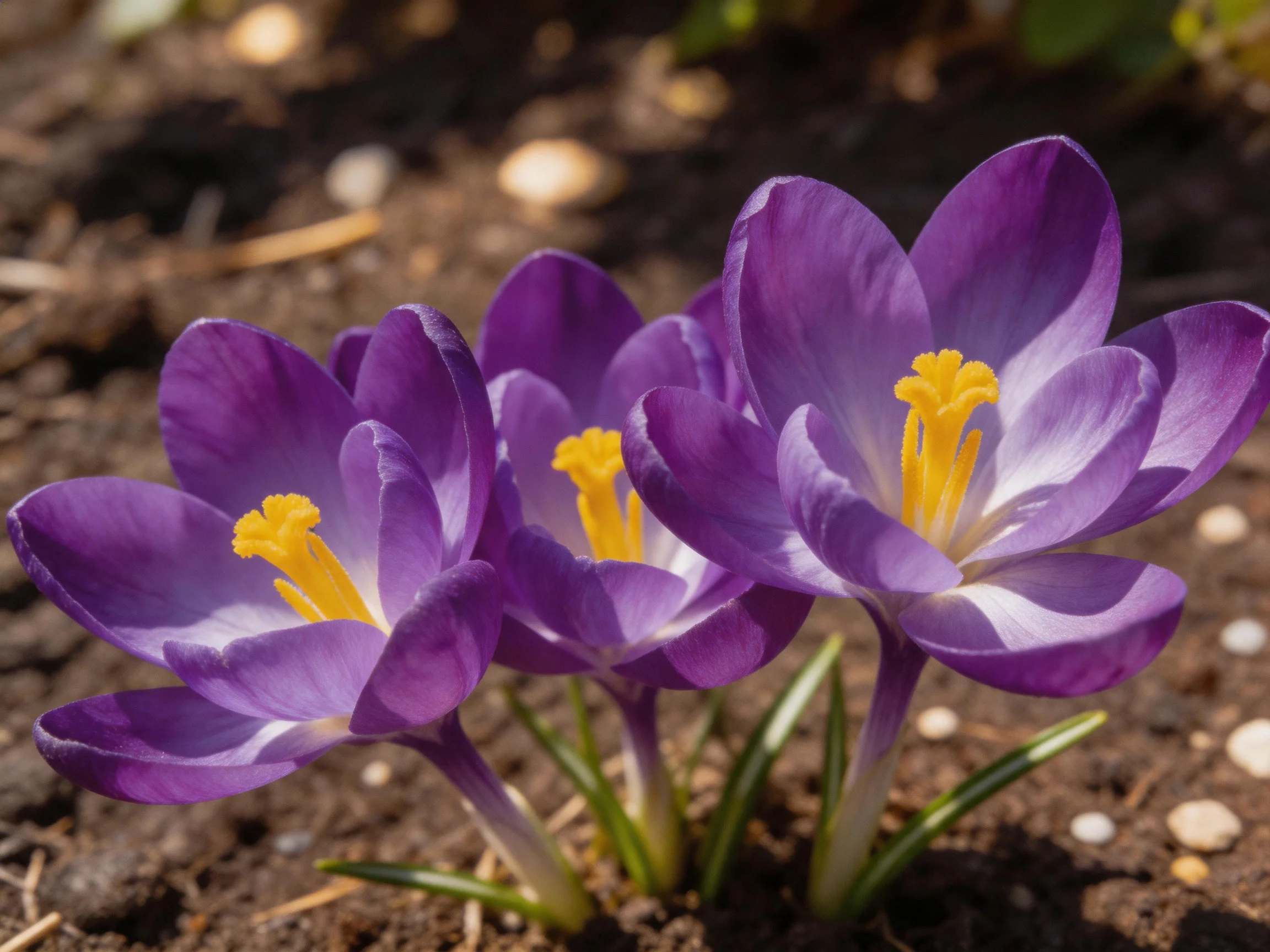 Three vibrant purple crocuses with yellow stamens bloom in earthy soil