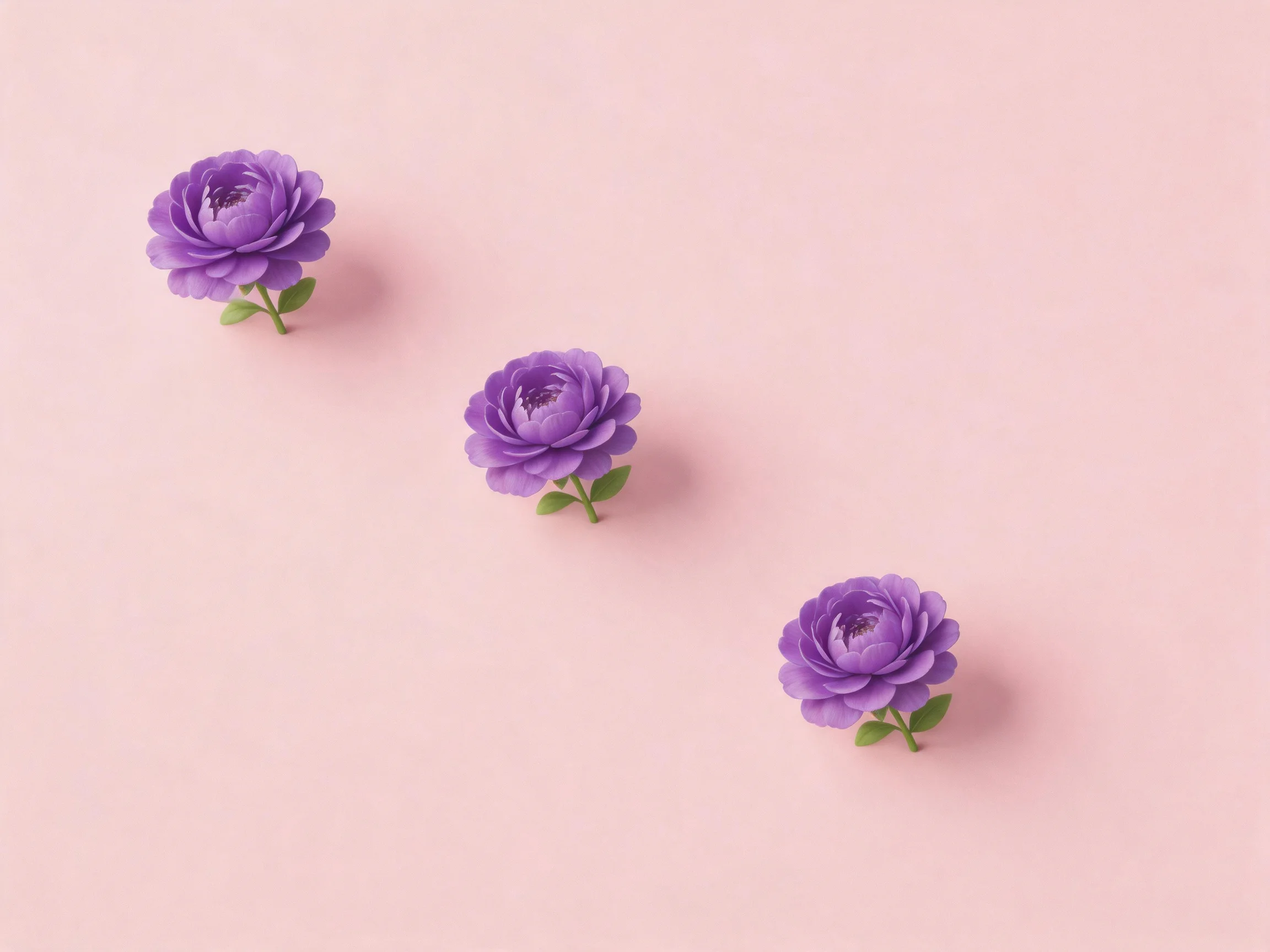 Three vibrant purple flowers arranged diagonally on a soft pink backdrop