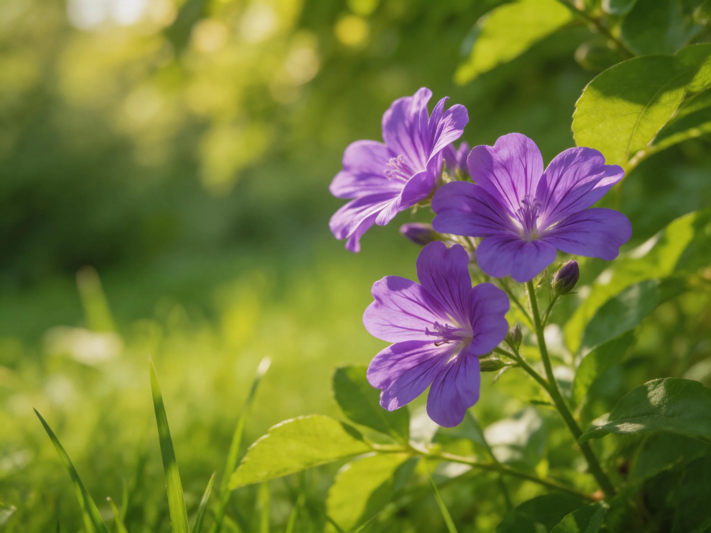 Three vibrant purple flowers bloom amid lush green foliage in warm sunlight