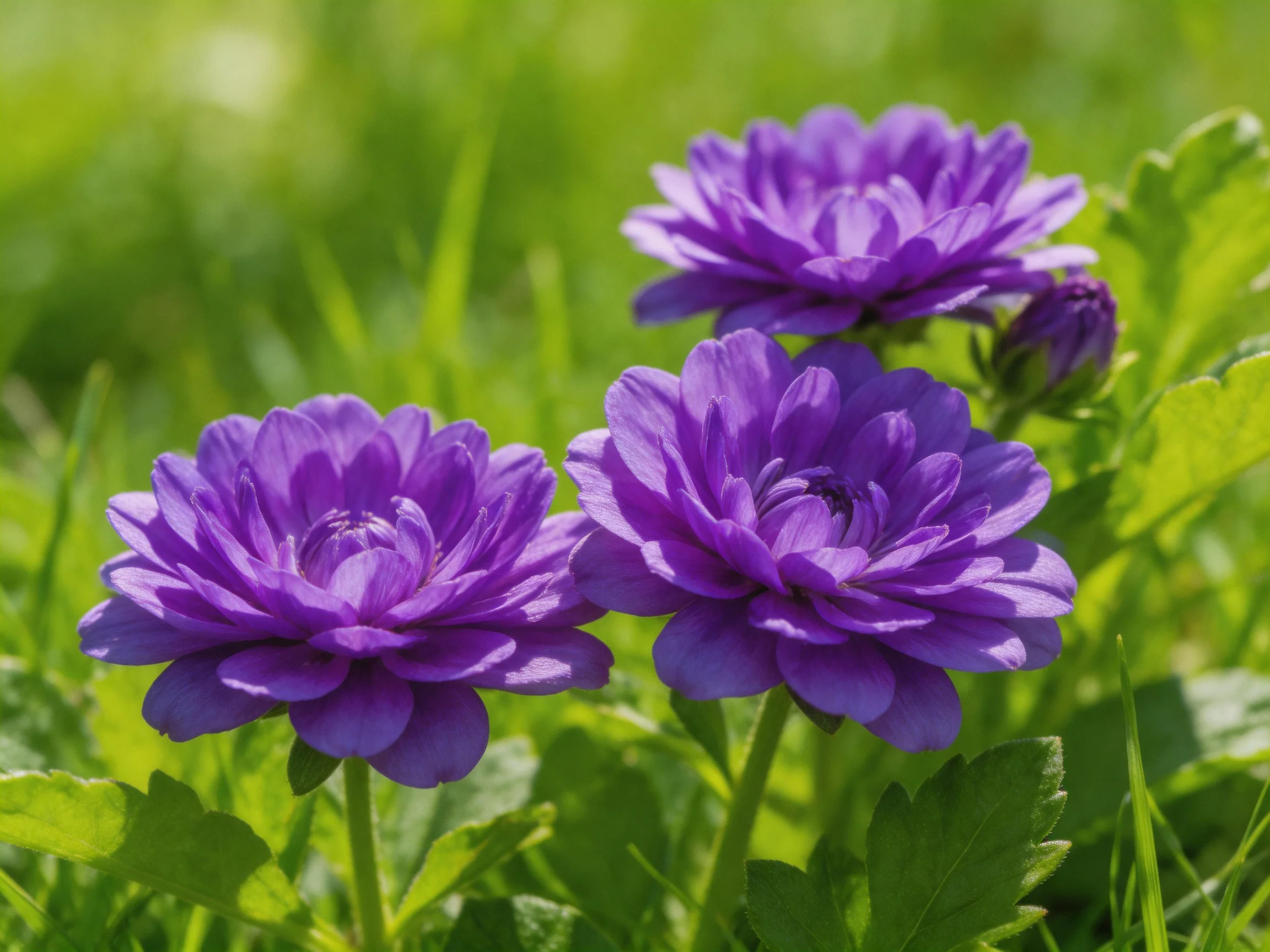 Three vibrant purple flowers bloom among lush green foliage