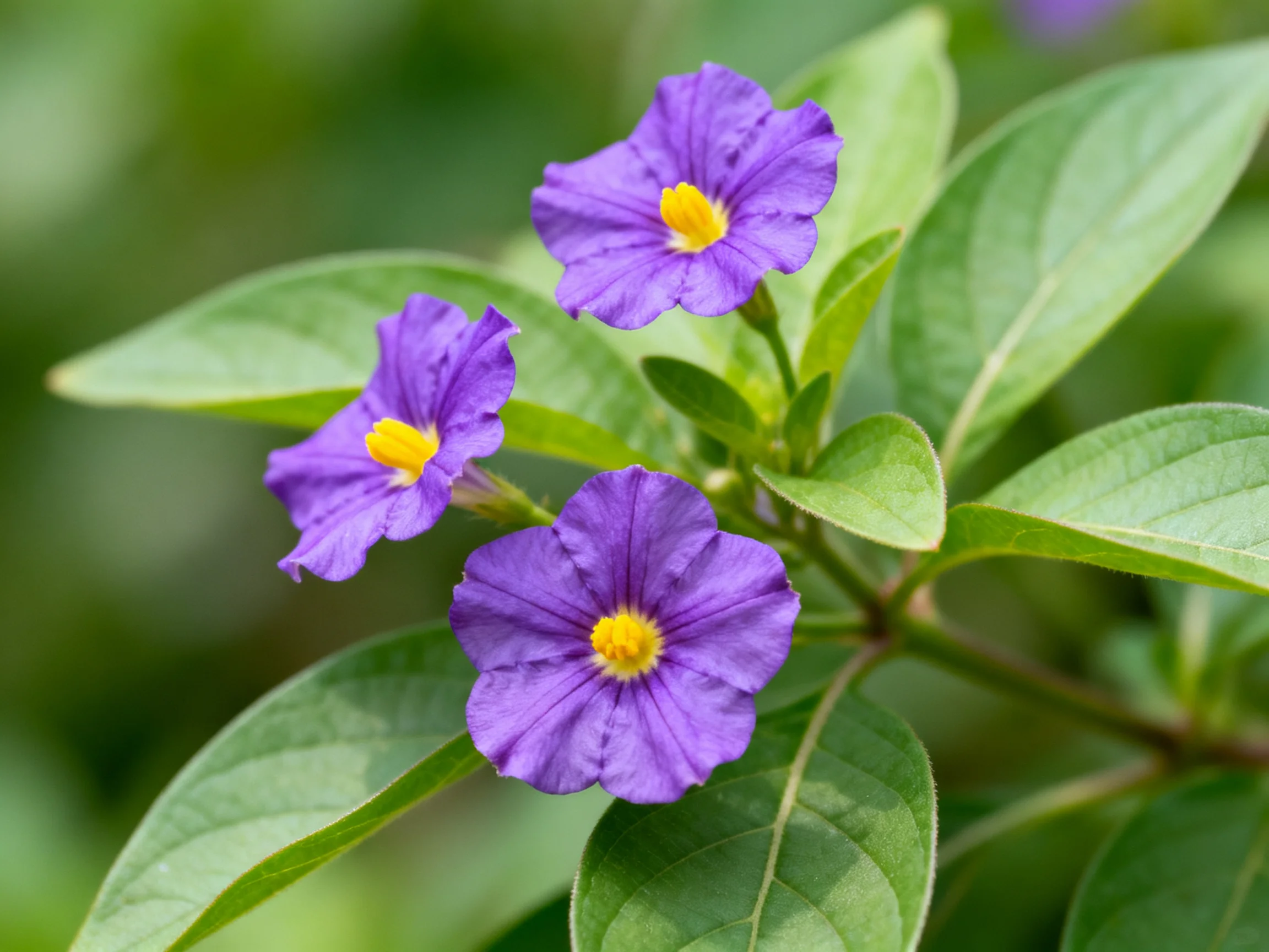 Three vibrant purple flowers with yellow centers amid glossy green leaves
