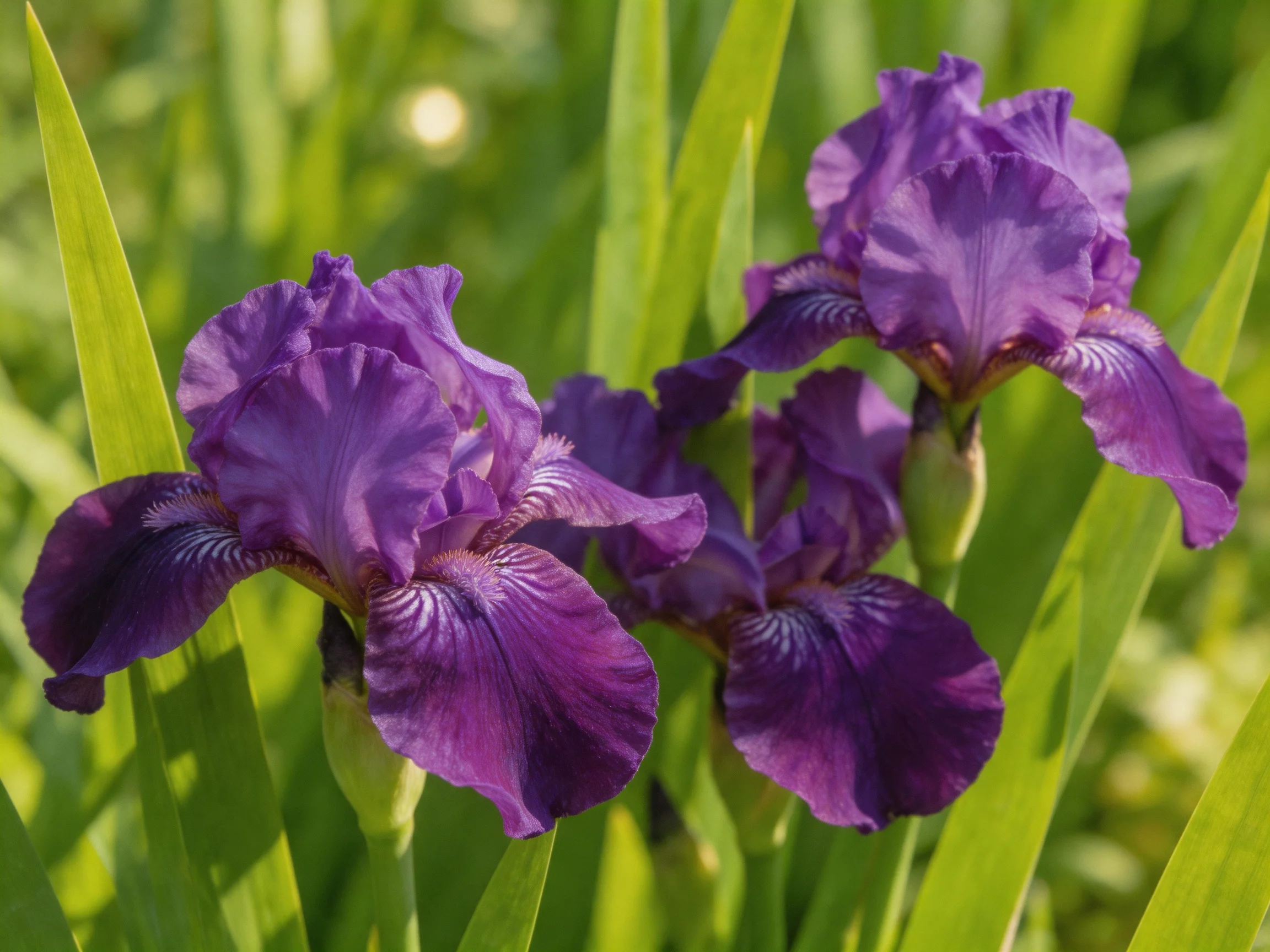 Three vibrant purple iris blooms amidst tall green foliage