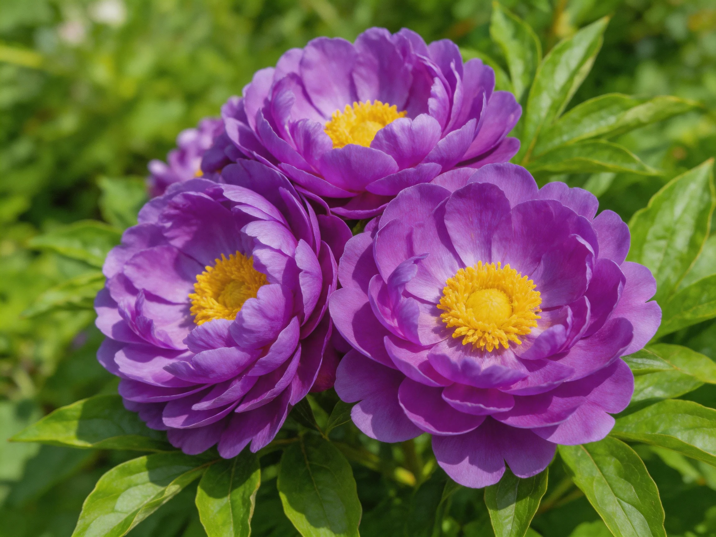 Three vibrant purple peonies with bright yellow centers among lush green foliage