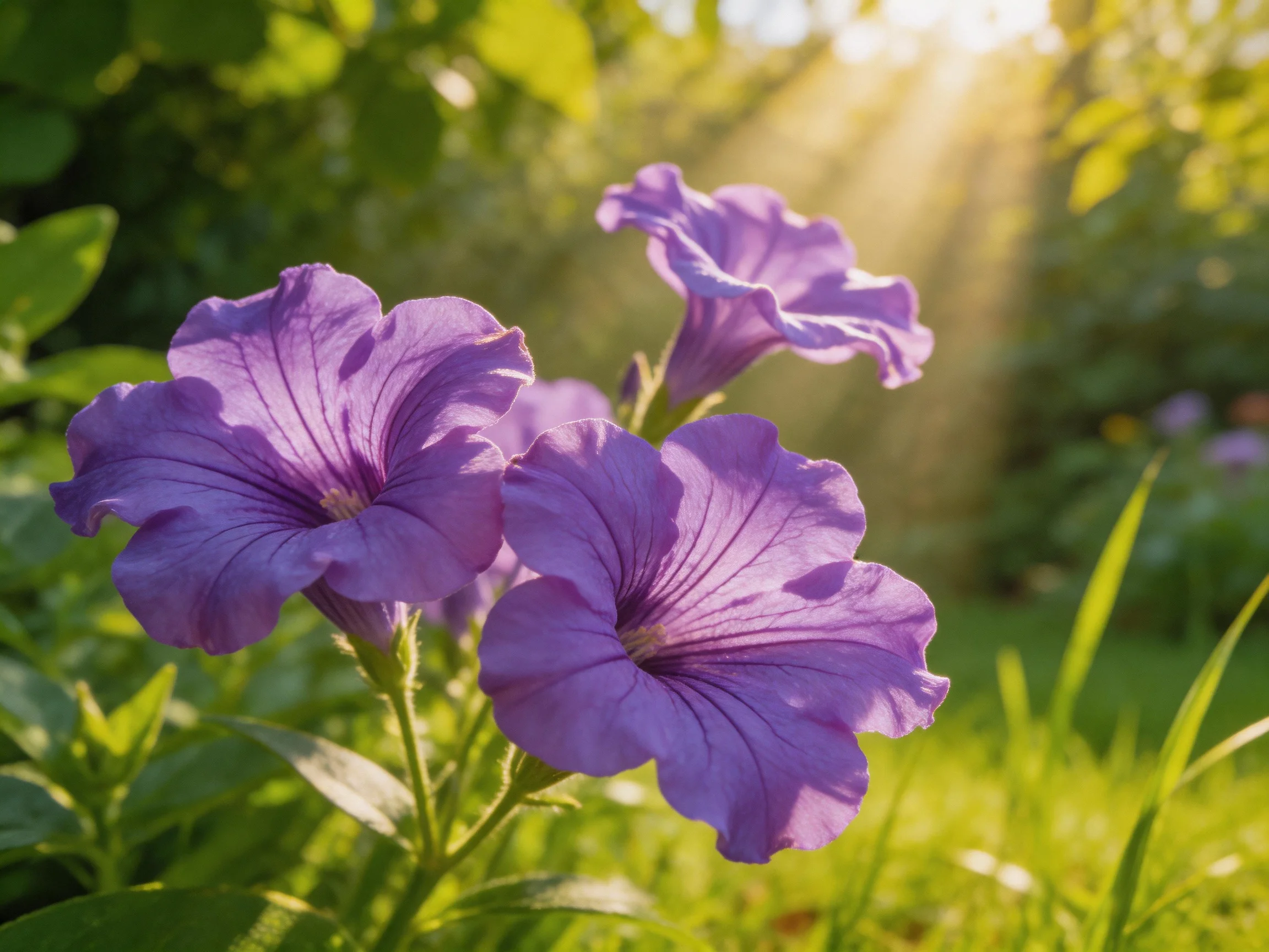 Three vibrant purple petunias bloom in a sunlit garden