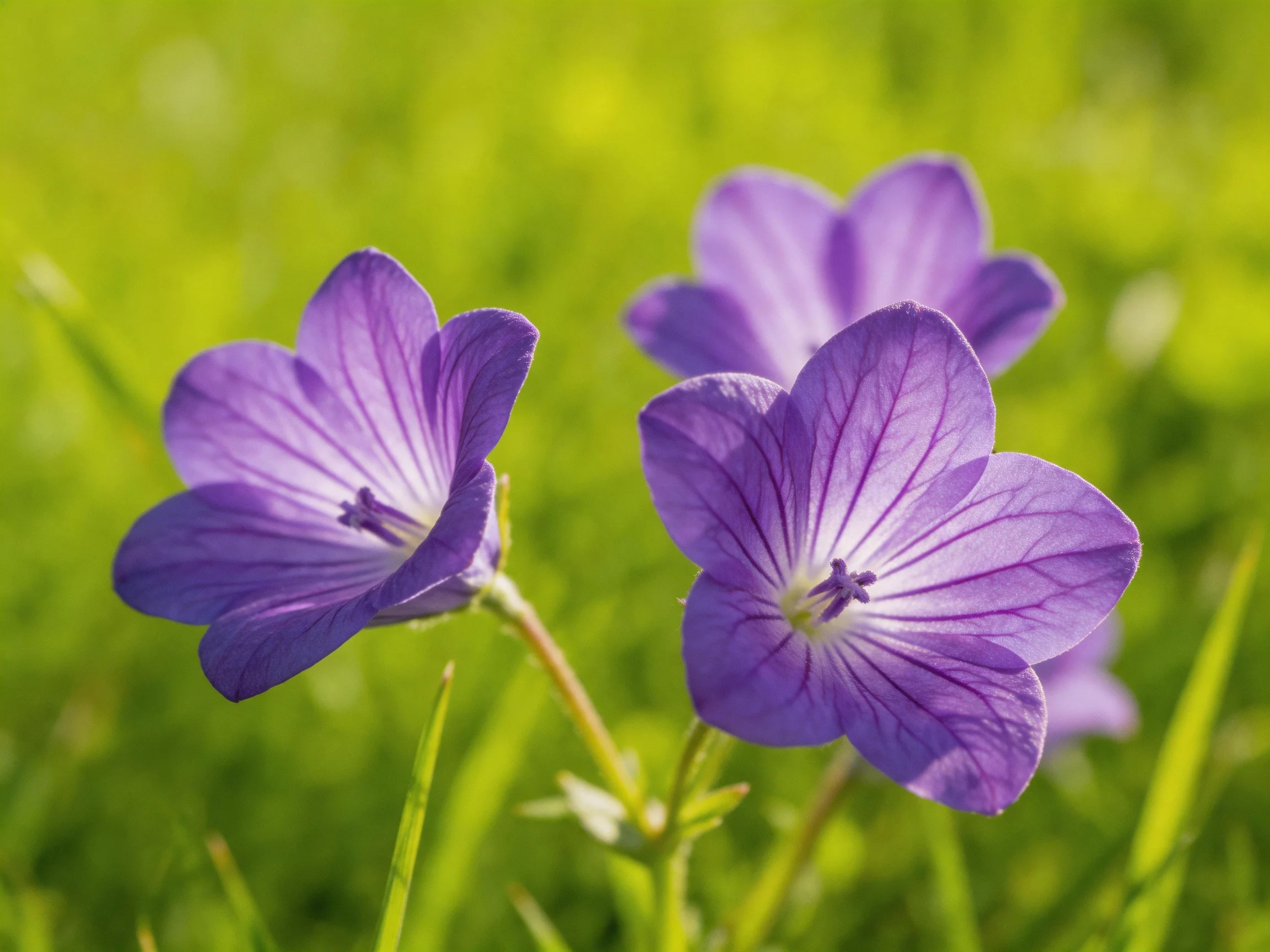 Three vibrant purple wildflowers bloom in a lush green meadow