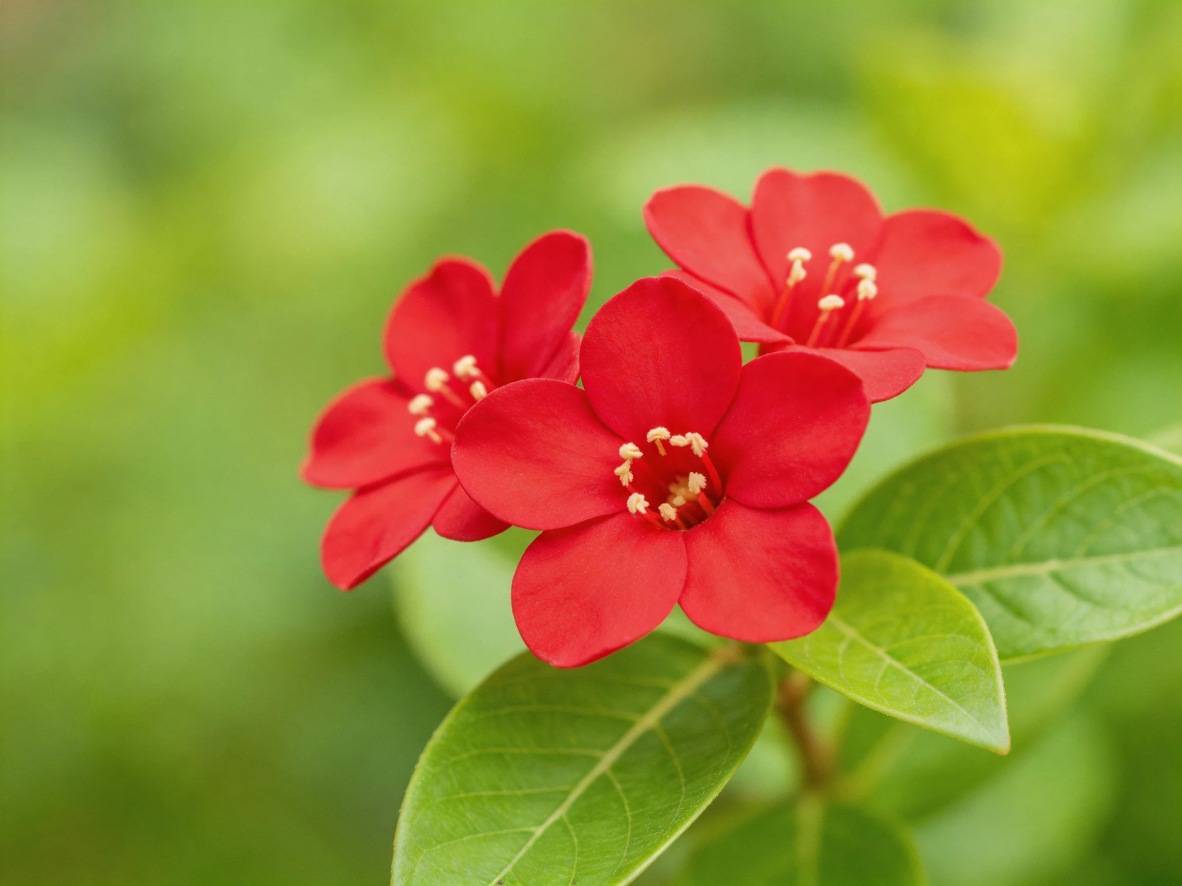 Three vibrant red flowers cluster among glossy green leaves