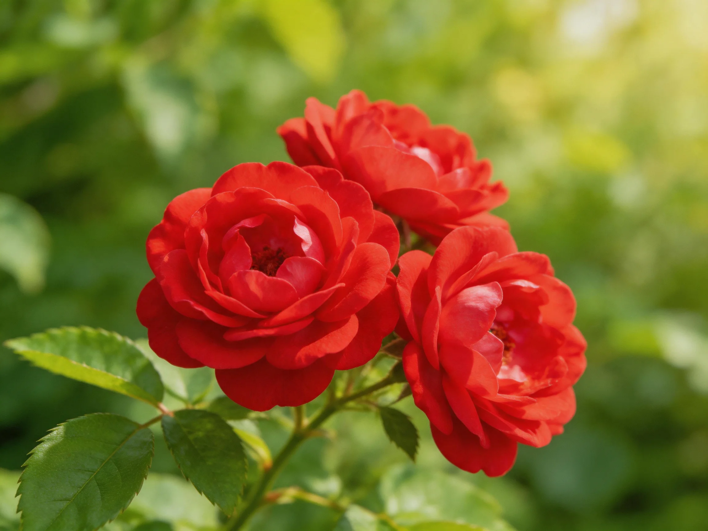 Three vibrant red roses cluster among lush green foliage.
