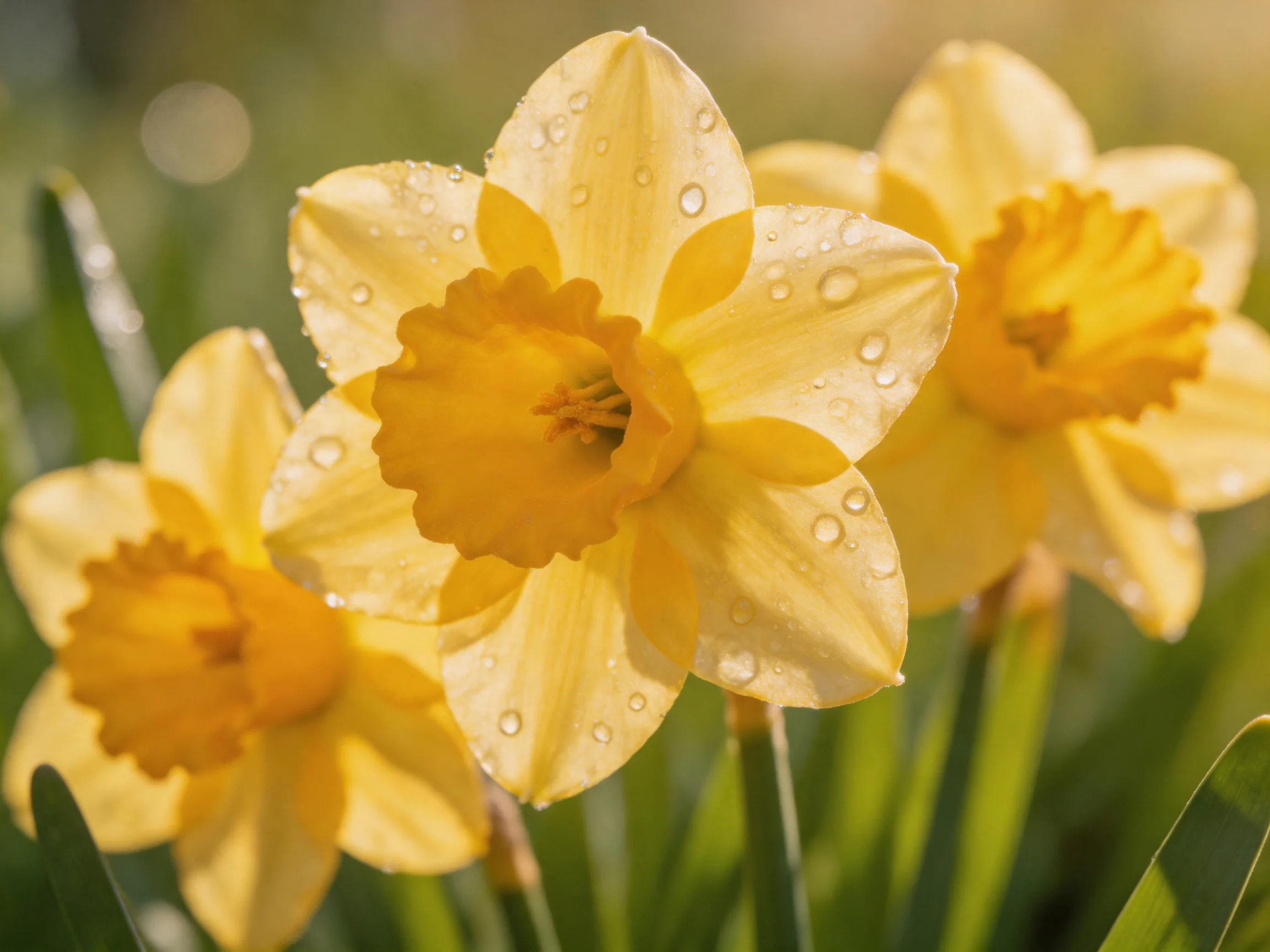 Three vibrant yellow daffodils with dew drops in a sunlit garden