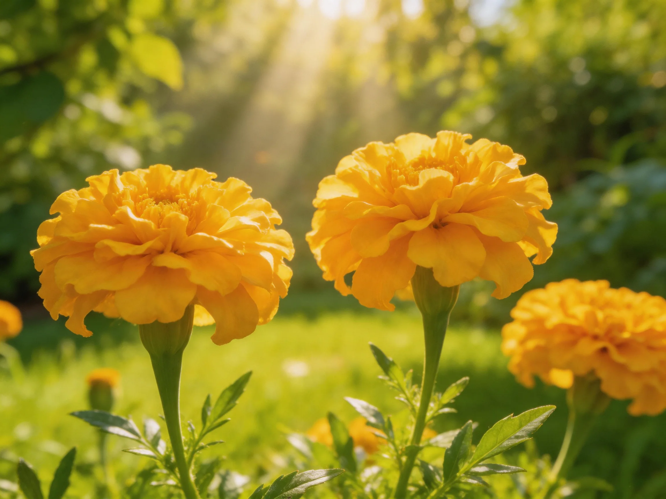 Three vibrant yellow marigolds bloom in a sun-drenched garden