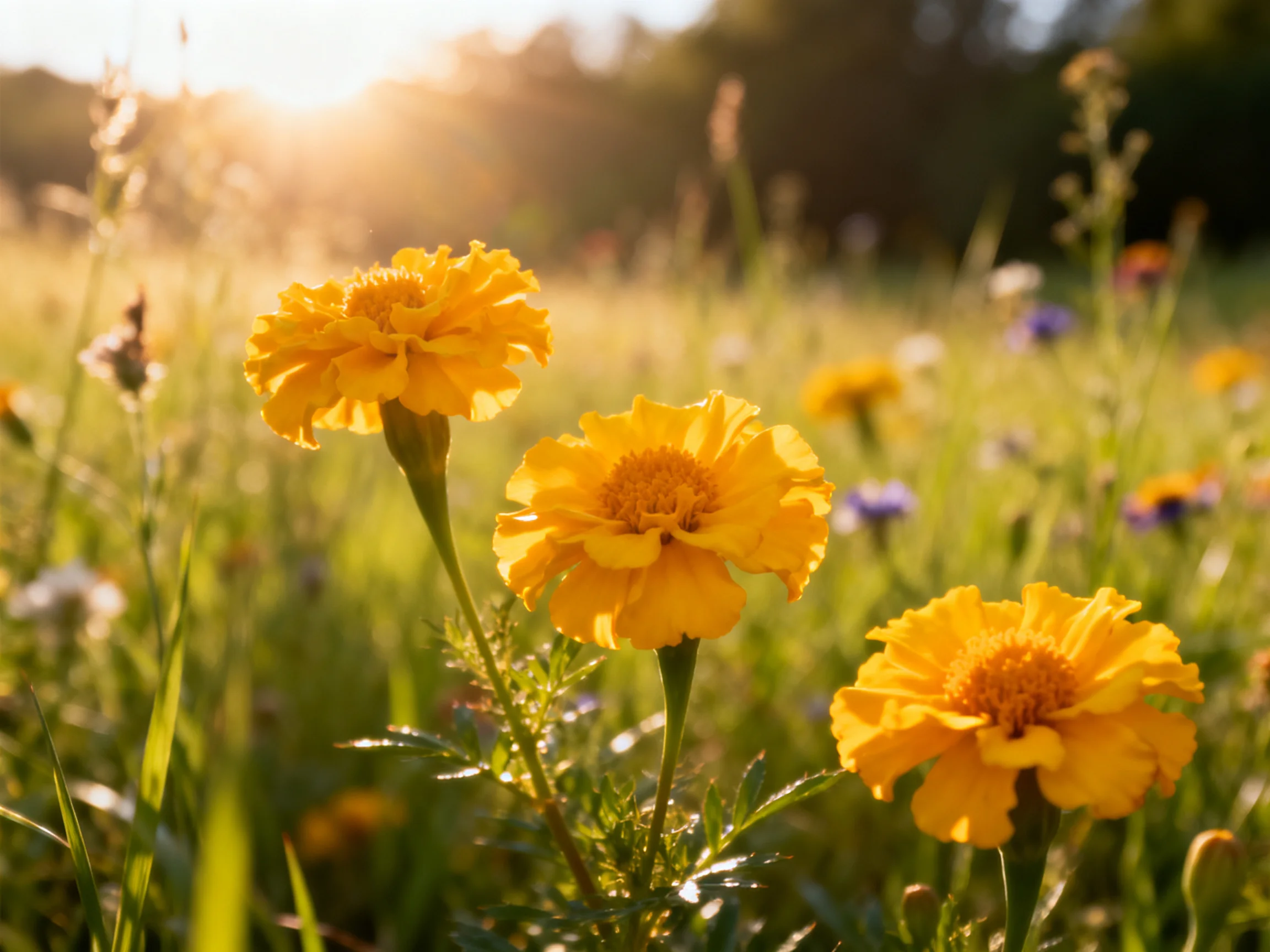 Three vibrant yellow marigolds bloom in a sun-drenched wildflower meadow