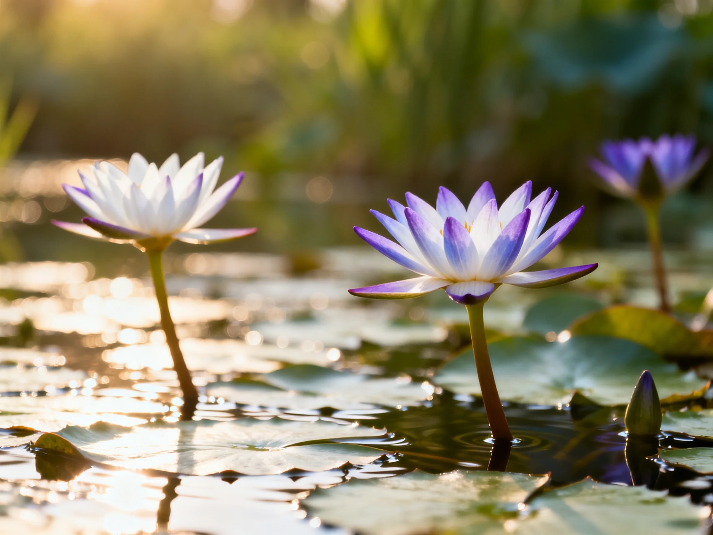 Three water lilies with purple and white blooms float in a sun-dappled pond