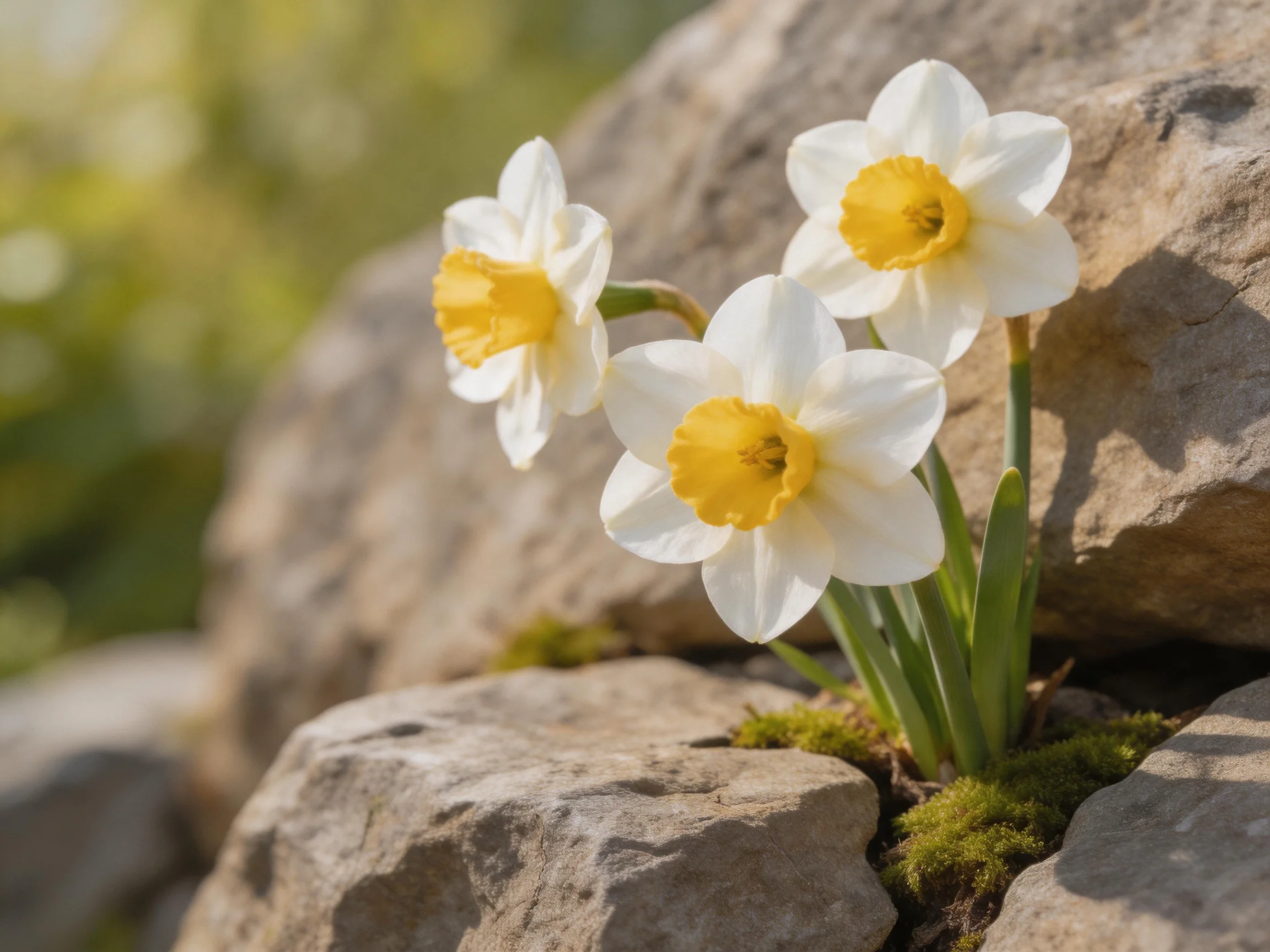 Three white-and-yellow daffodils bloom among weathered stones