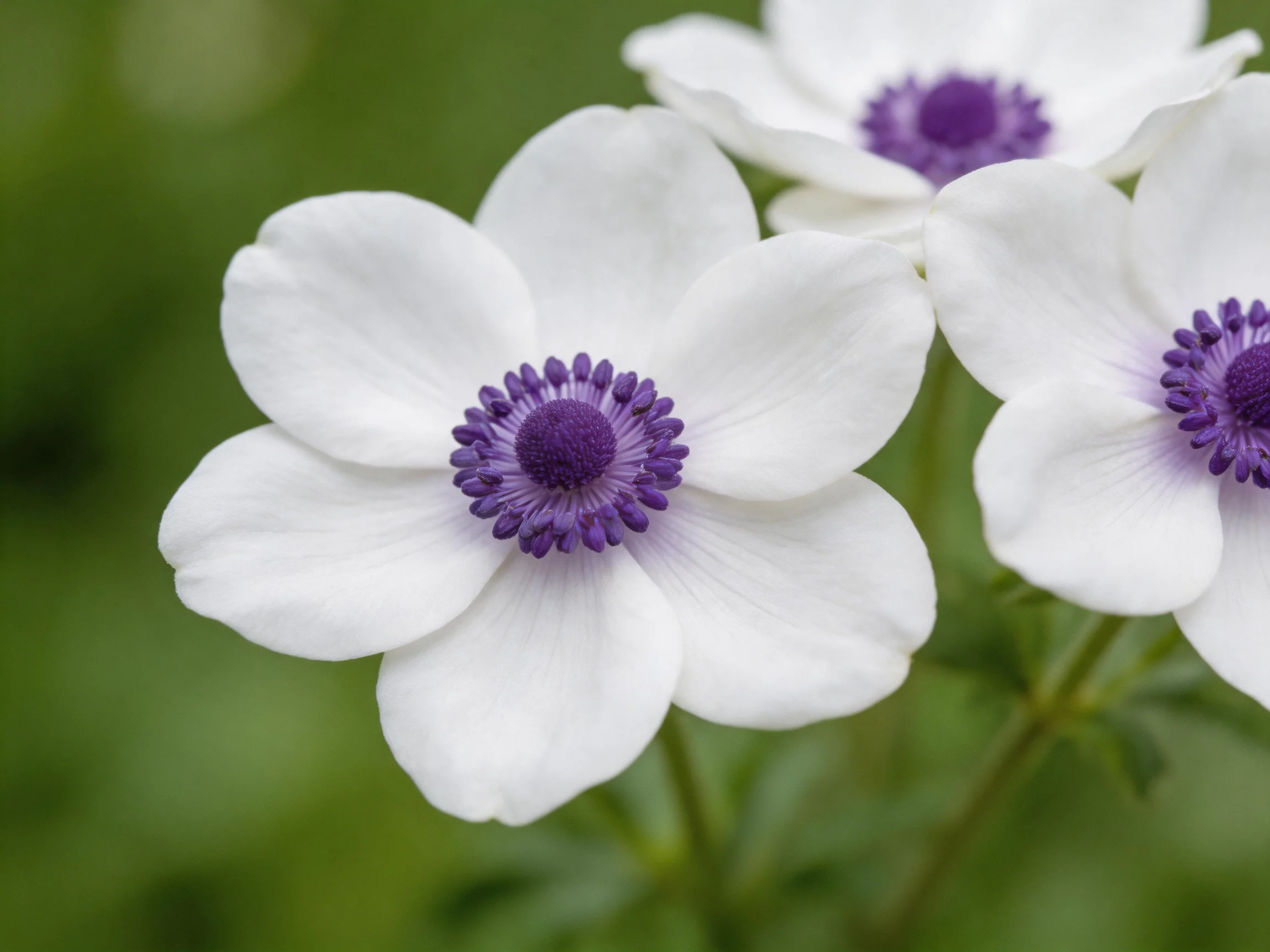 Three white anemone flowers with purple centers