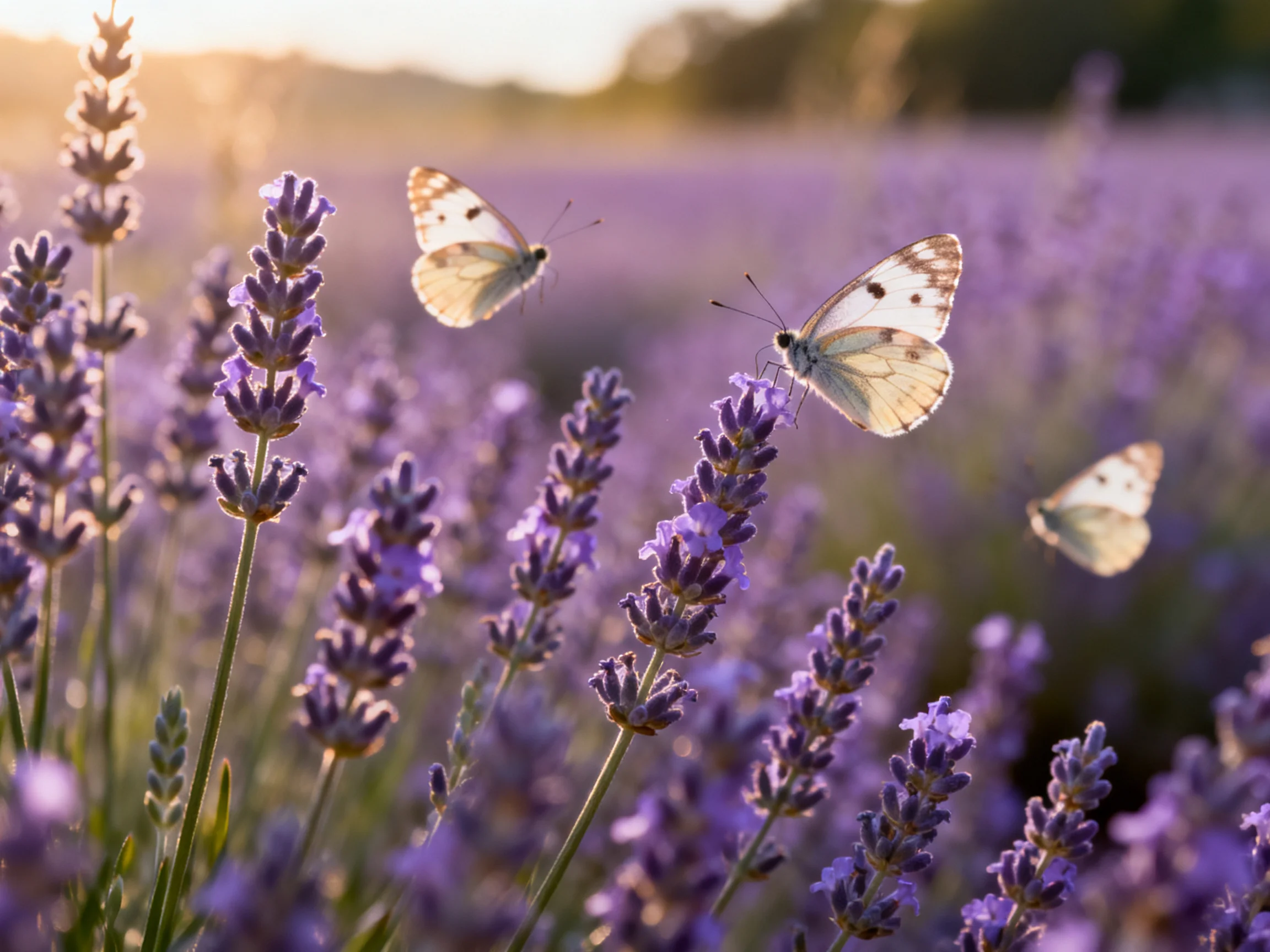 Three white butterflies flutter amid vibrant purple lavender fields