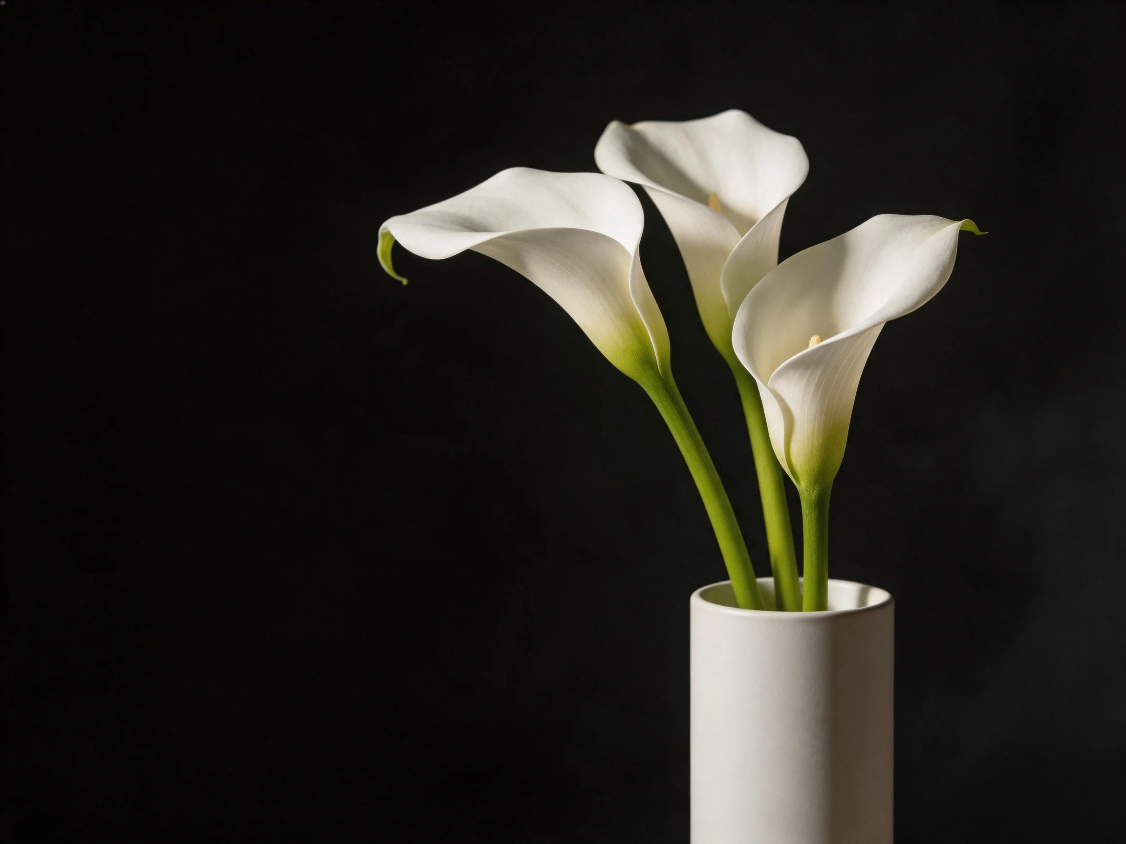 Three white calla lilies in a minimalist white vase against a dark backdrop