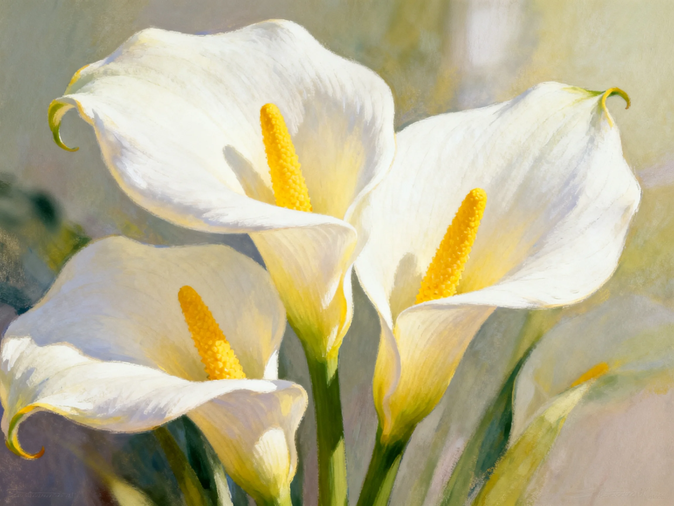 Three white calla lilies with yellow spathes in soft lighting