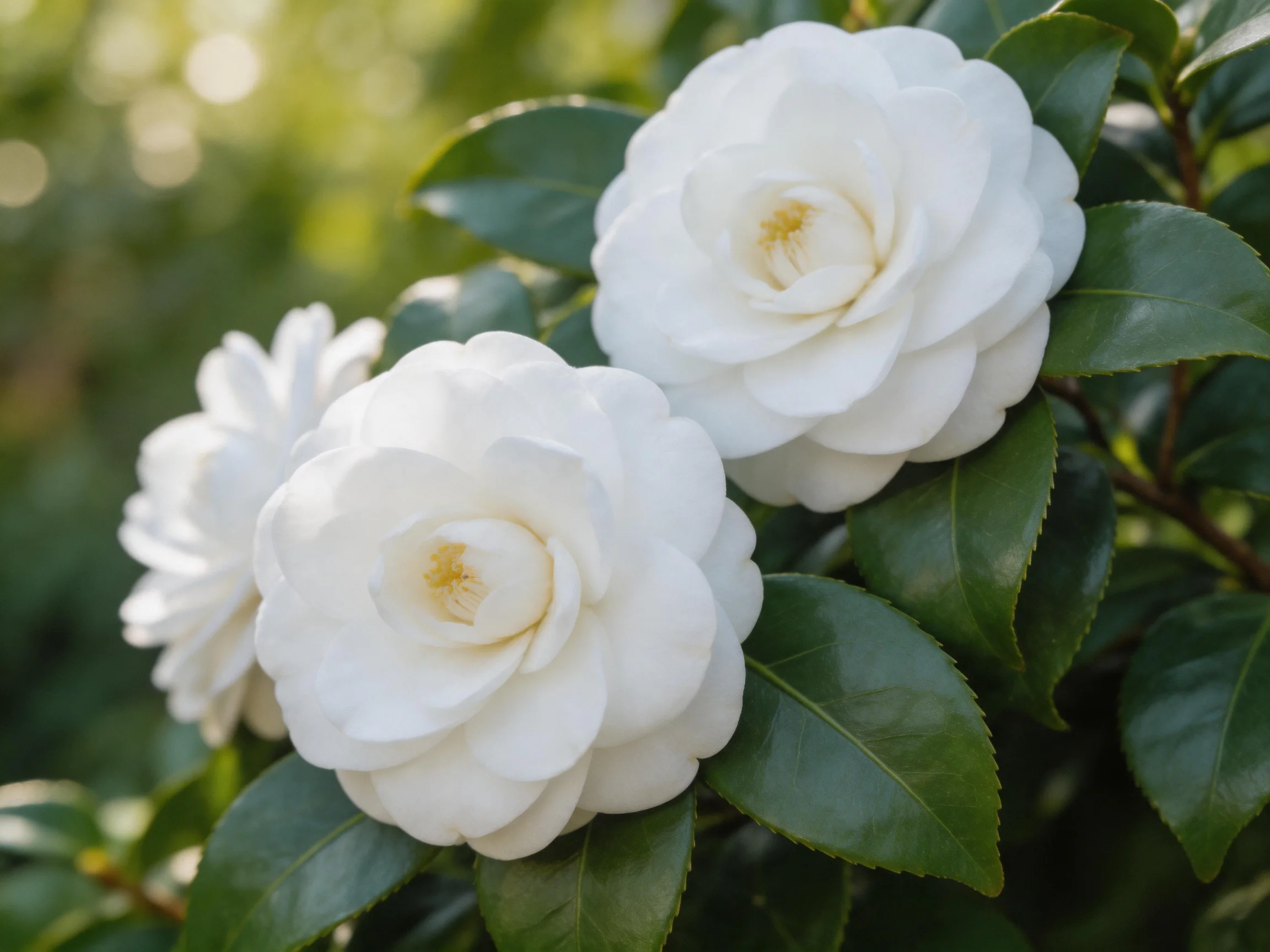 Three white camellias bloom among glossy green leaves in soft sunlight