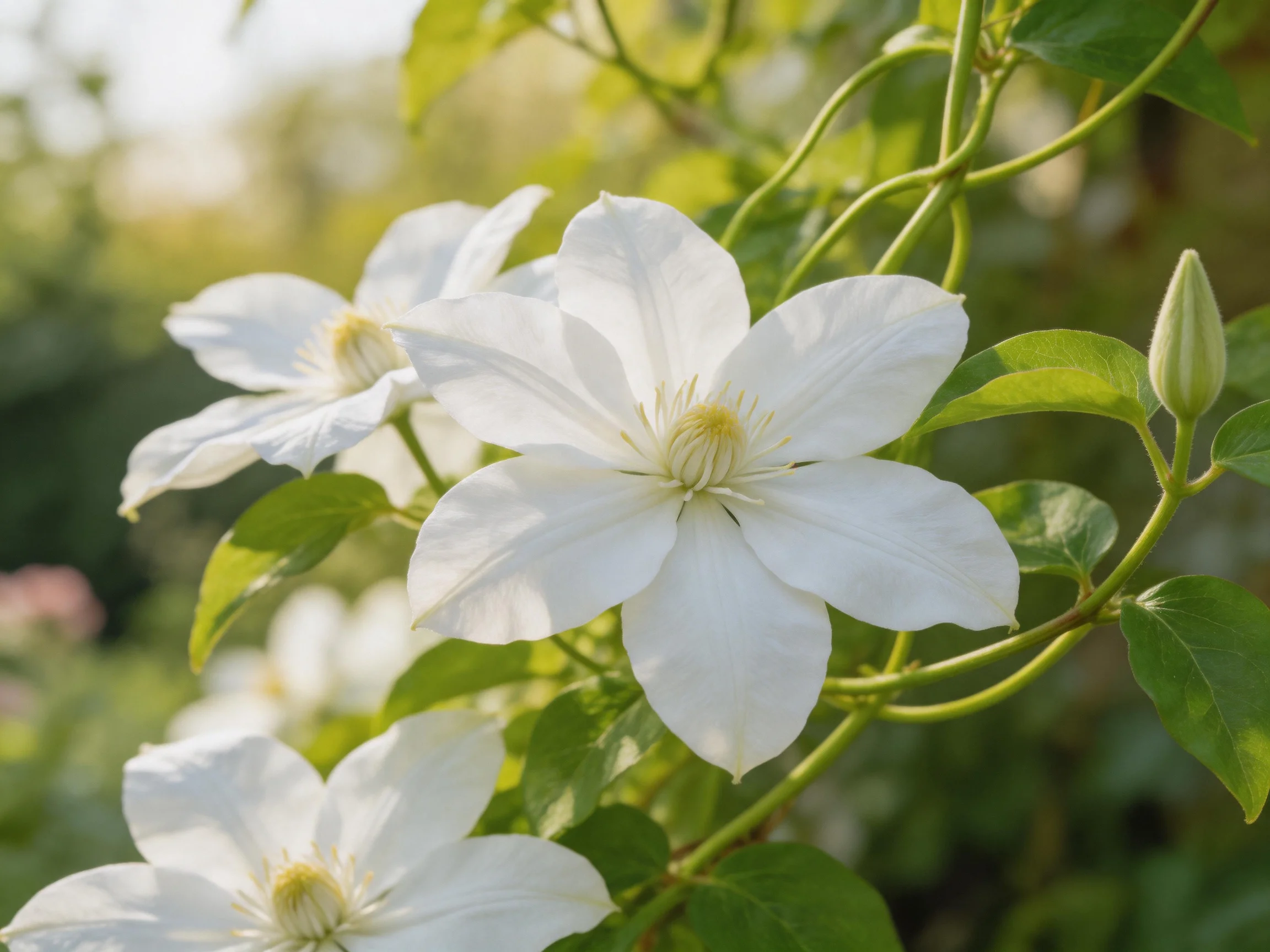 Three white clematis blooms with green vines and buds