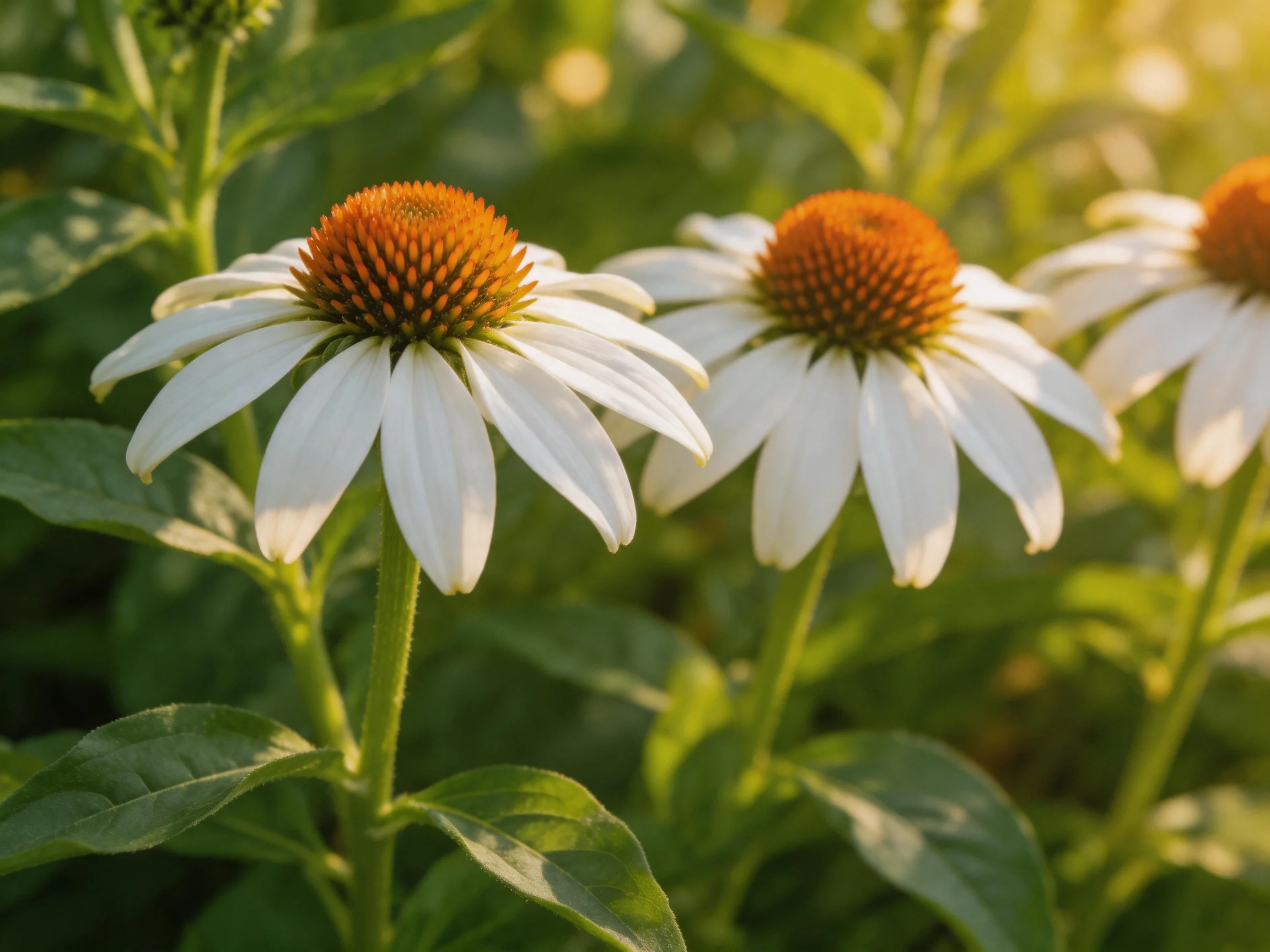 Three white coneflowers with orange centers bloom in a sunlit garden
