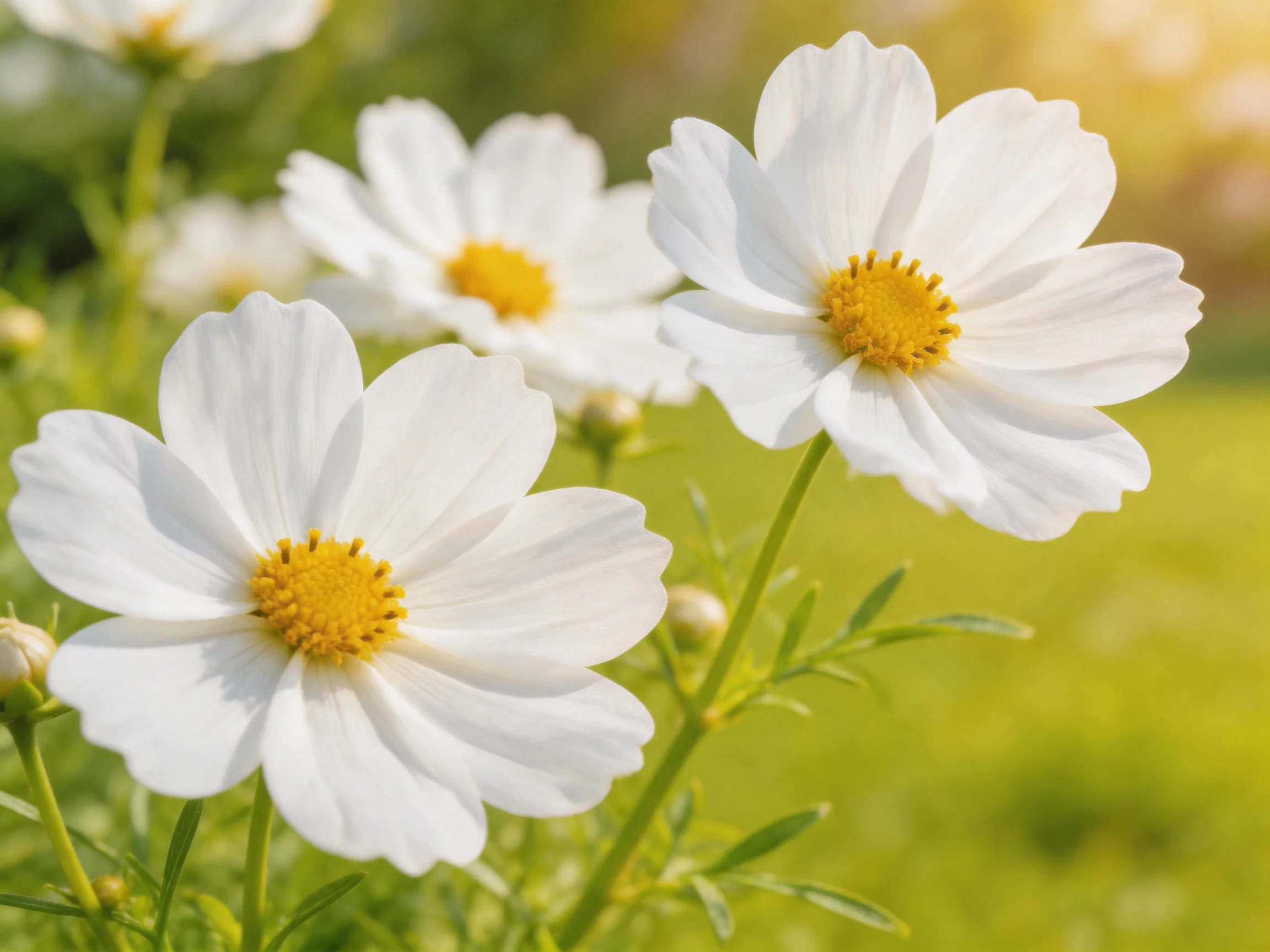 Three white cosmos flowers with golden centers in a sunlit garden