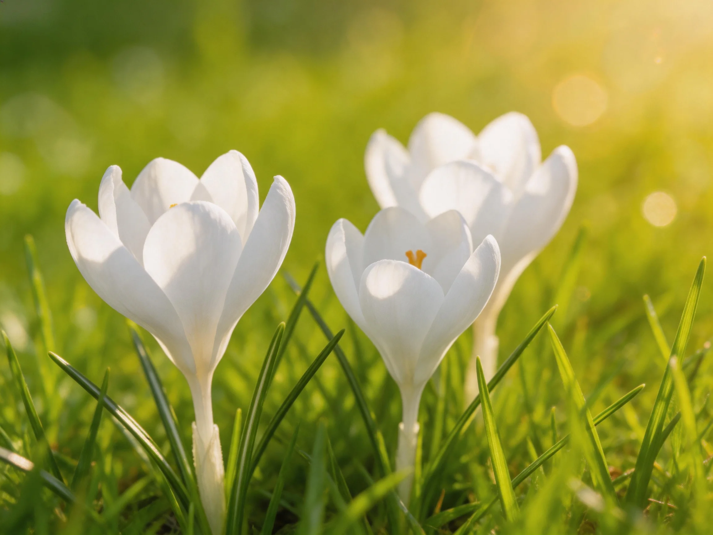 Three white crocus blooms emerge from vibrant green grass under warm sunlight.