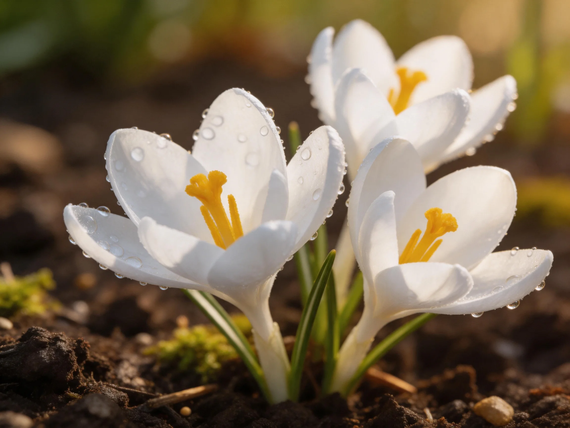 Three white crocus blooms with dewdrops in earthy soil