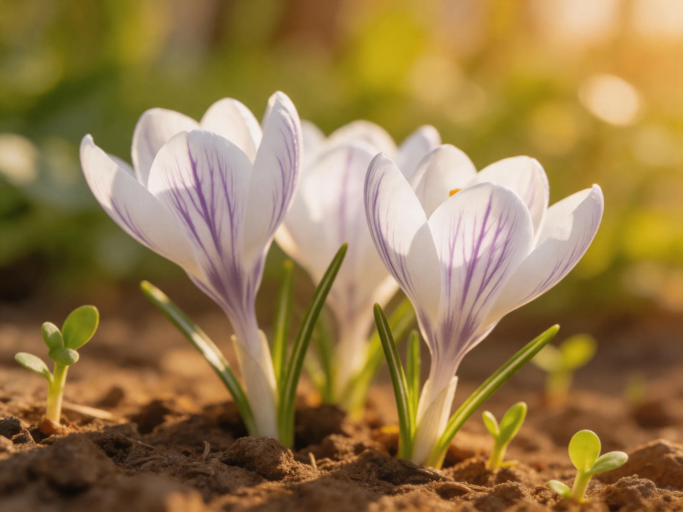 Three white crocus blooms with purple veins emerge from brown soil near green seedlings