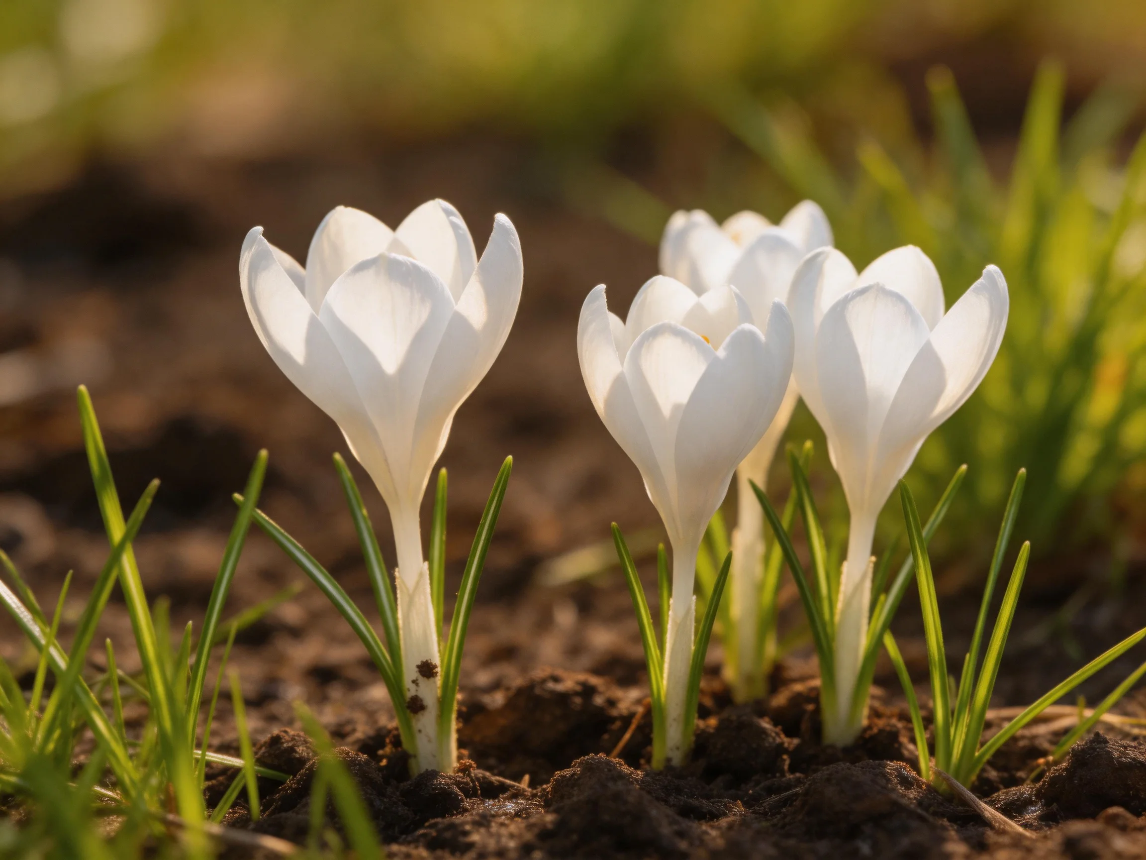 Three white crocus flowers bloom in dark soil among green grass