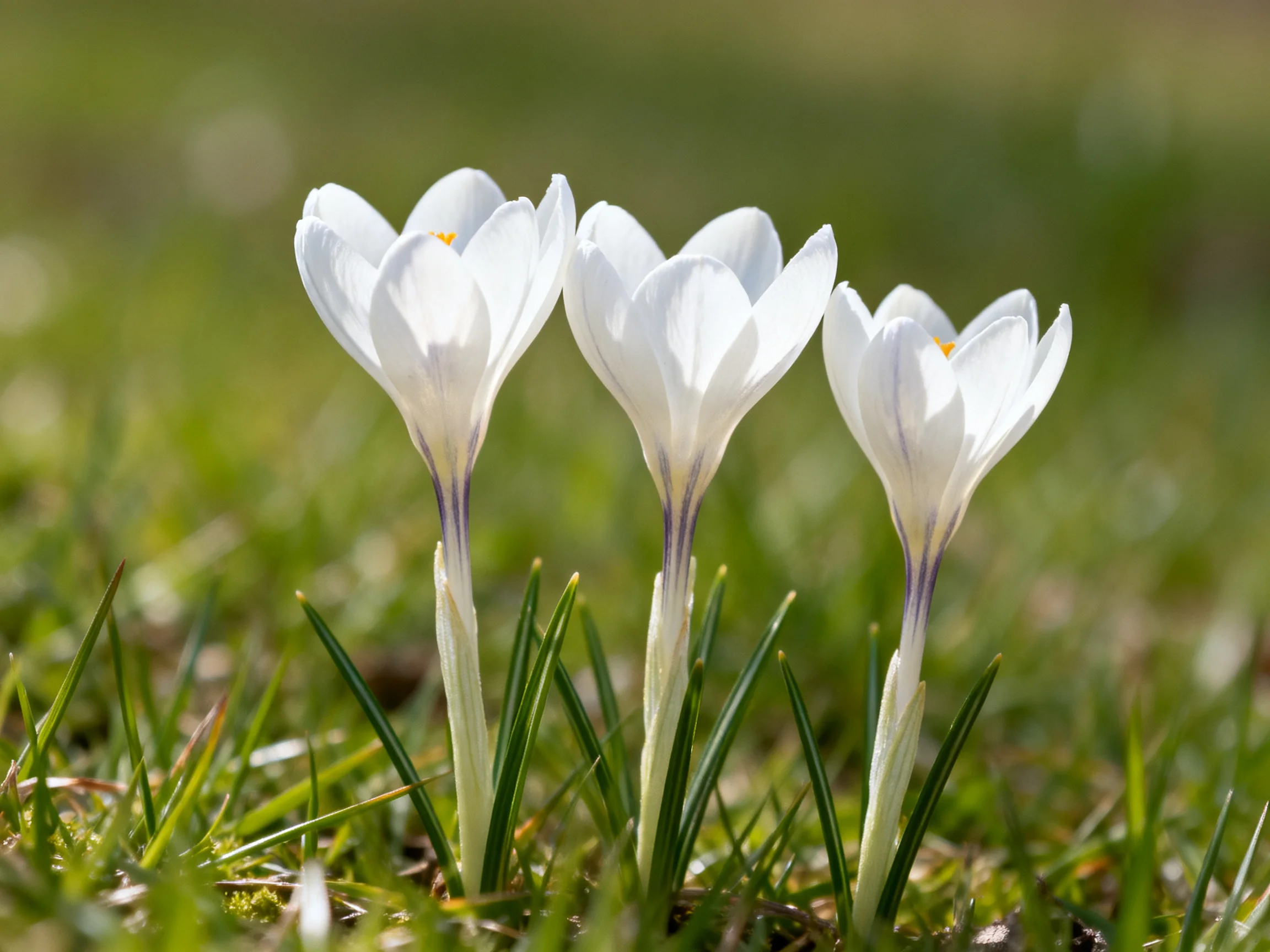 Three white crocus flowers bloom in green grass