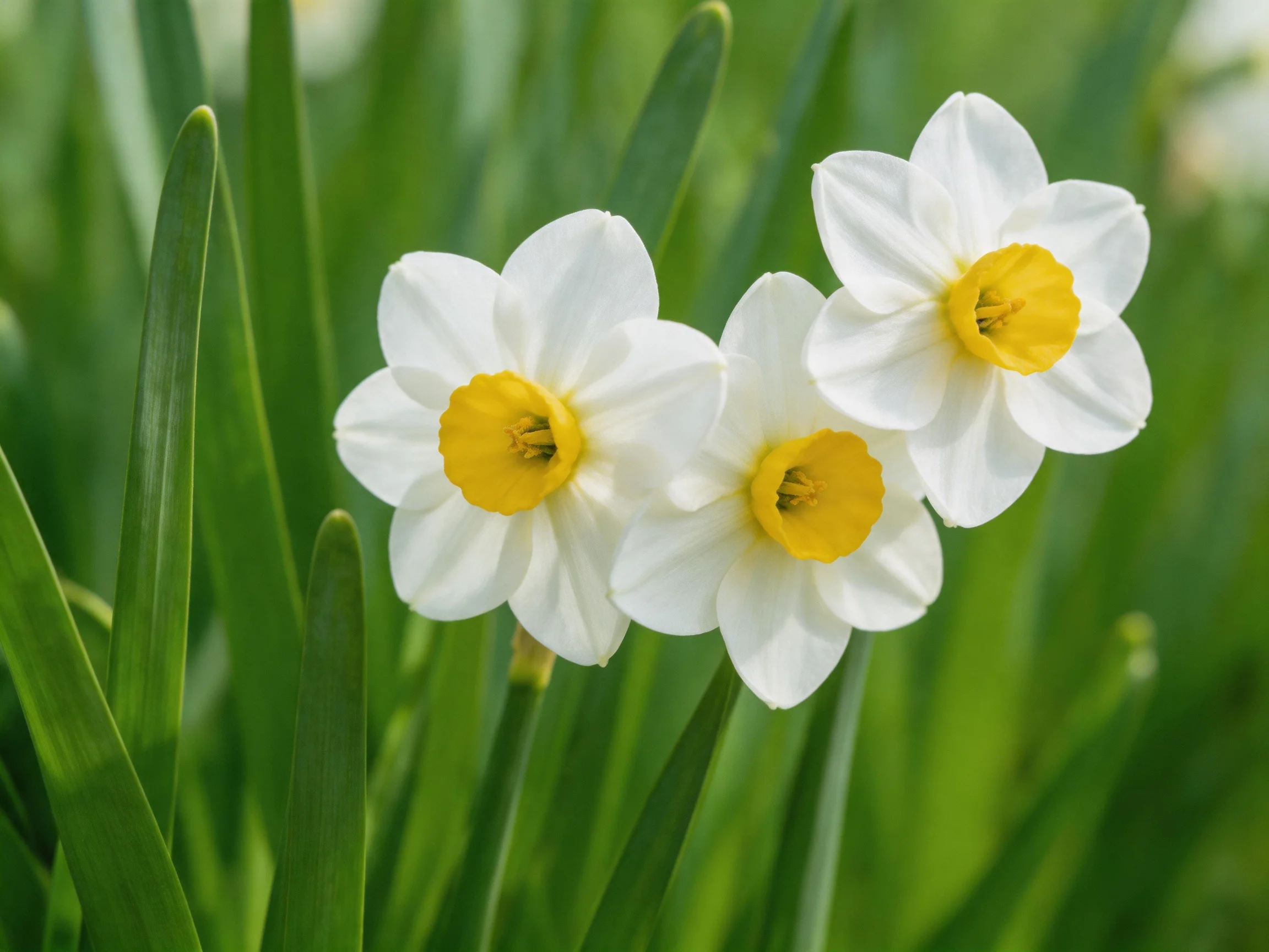 Three white daffodils with bright yellow centers amid lush green foliage