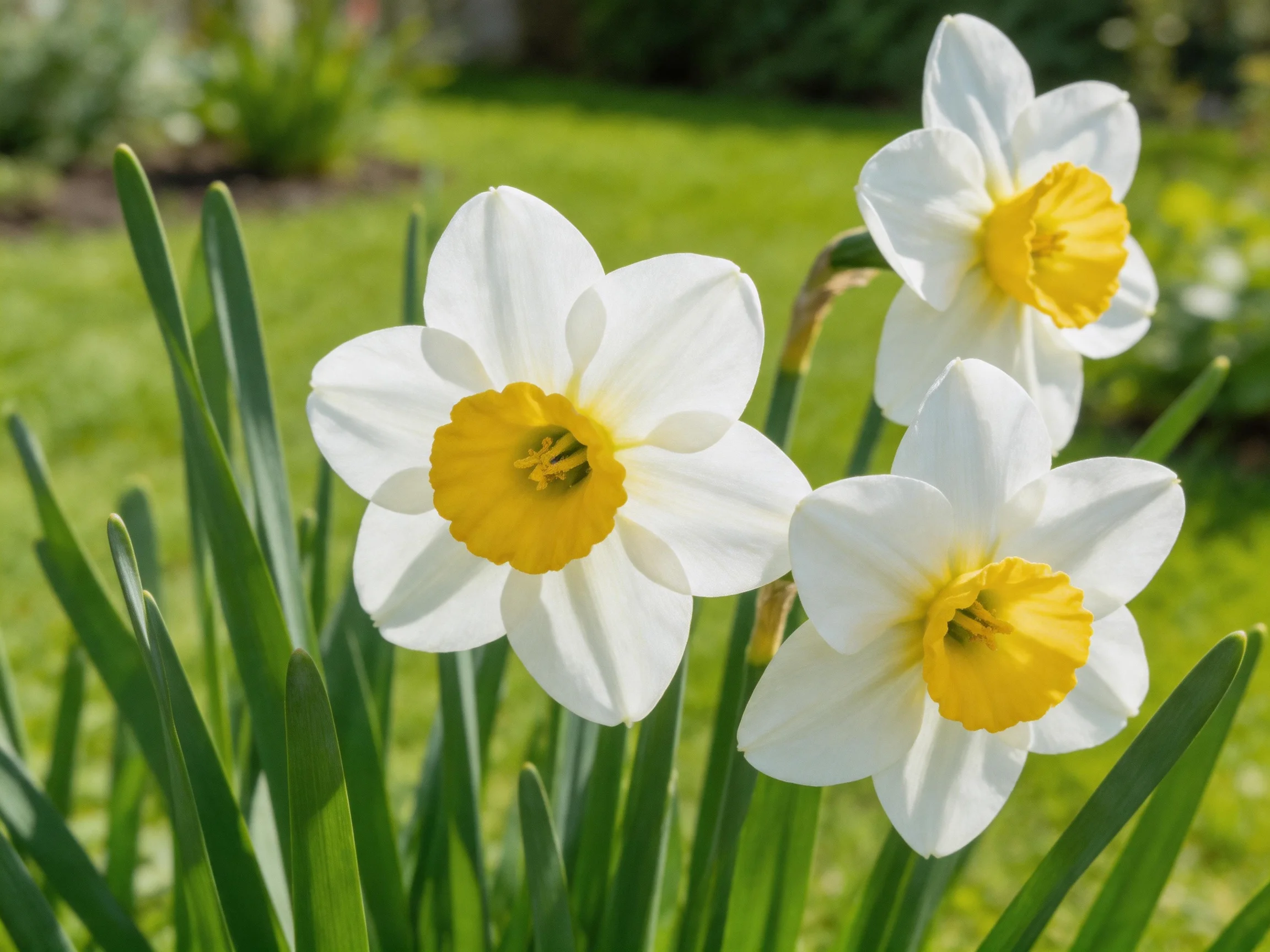Three white daffodils with bright yellow centers bloom in a lush garden