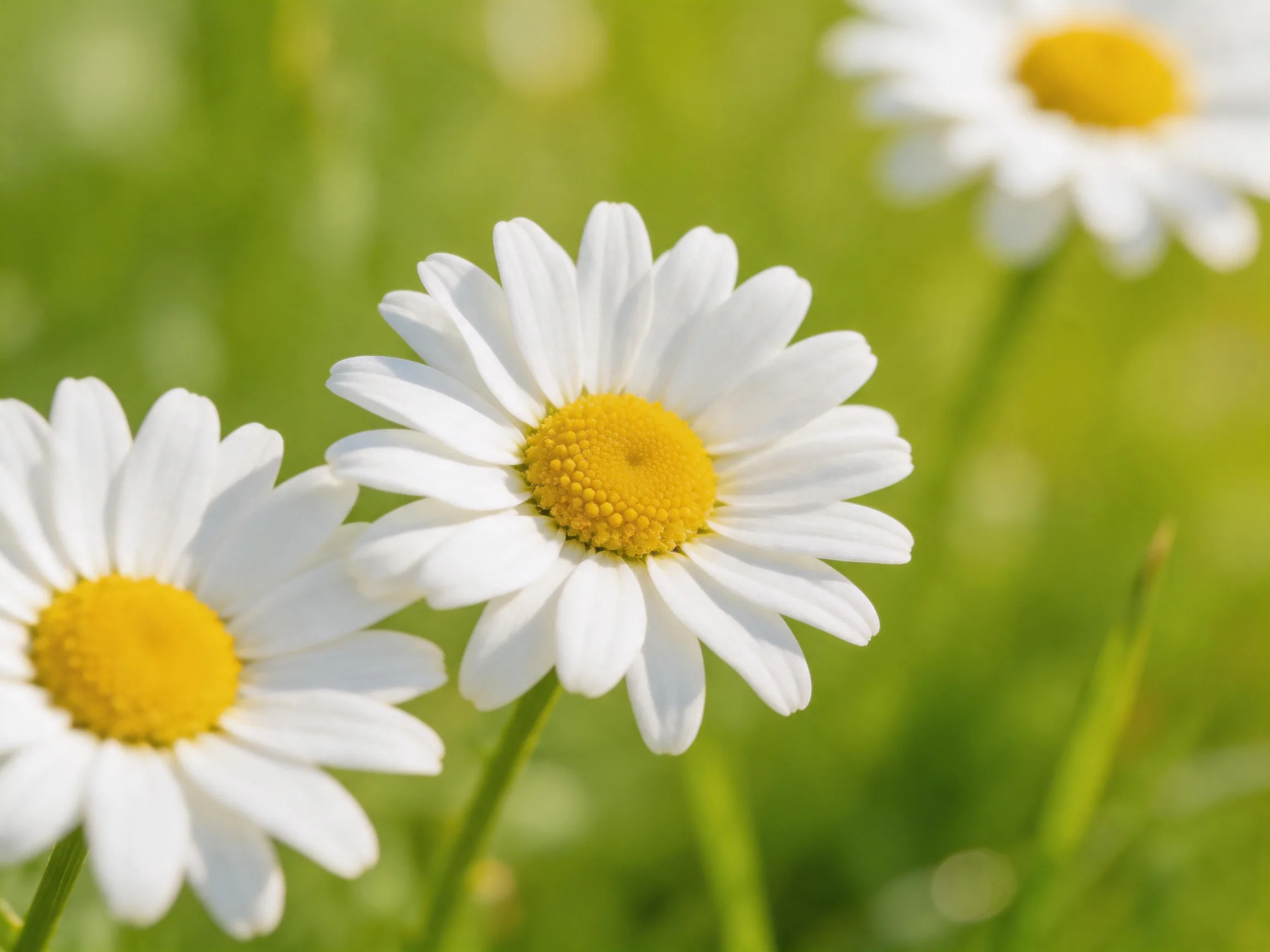 Three white daisies with bright yellow centers in a green meadow