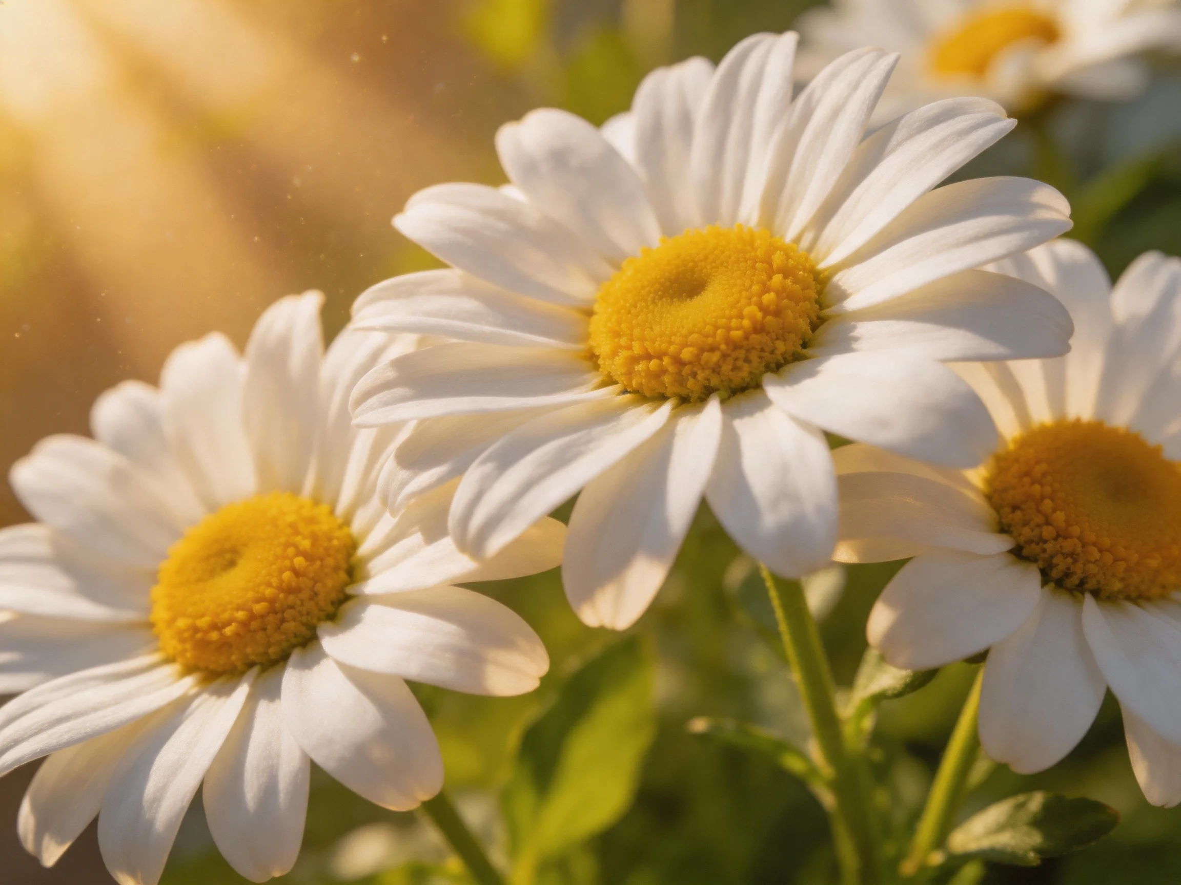 Three white daisies with bright yellow centers in warm sunlight