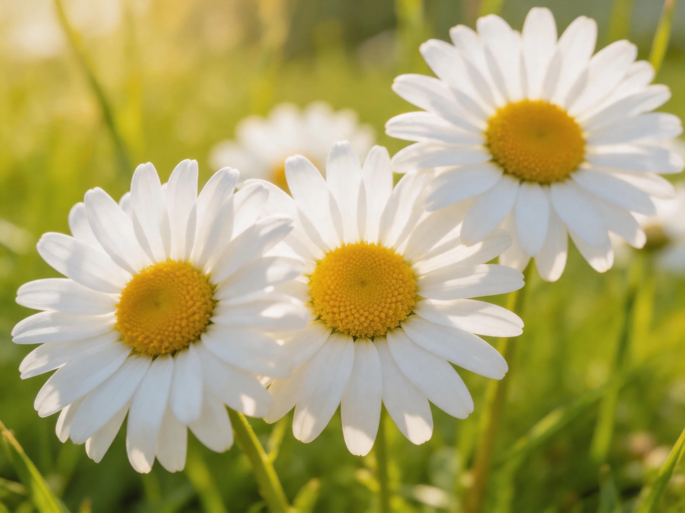 Three white daisy flowers with golden centers in a sunlit meadow