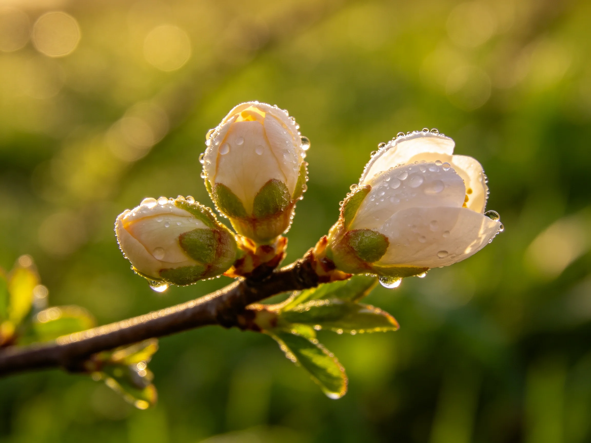 Three white flower buds with dew drops on a slender branch