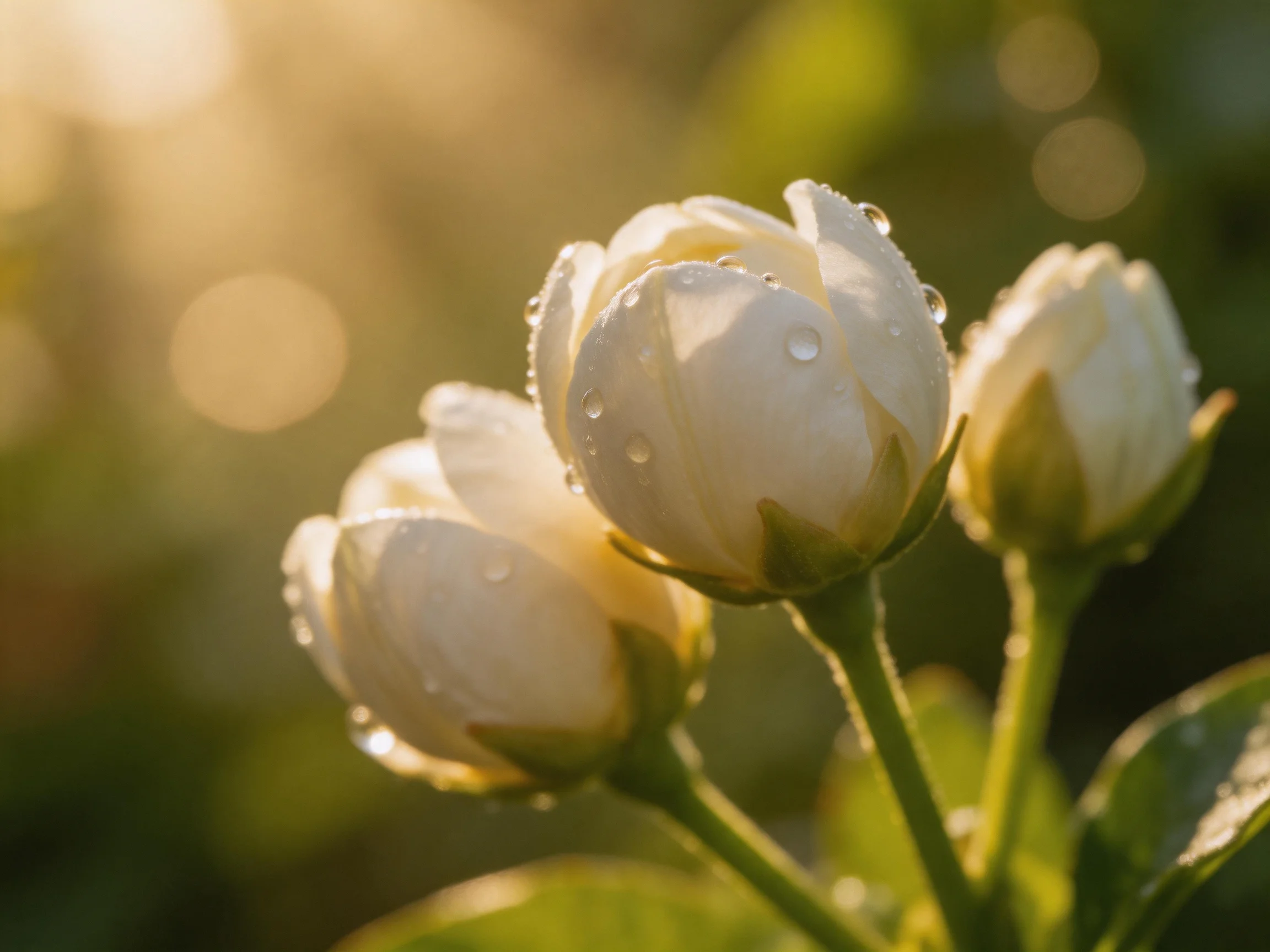 Three white flower buds with dew drops under soft golden light