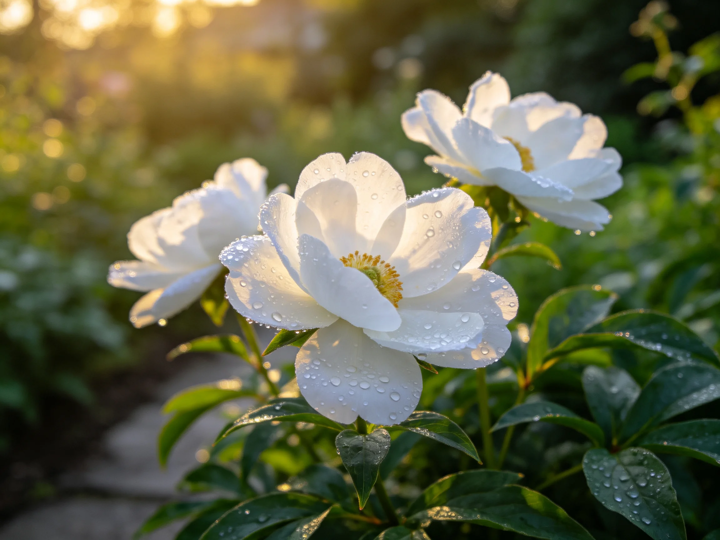 Three white flowers with dewdrops in a sunlit garden