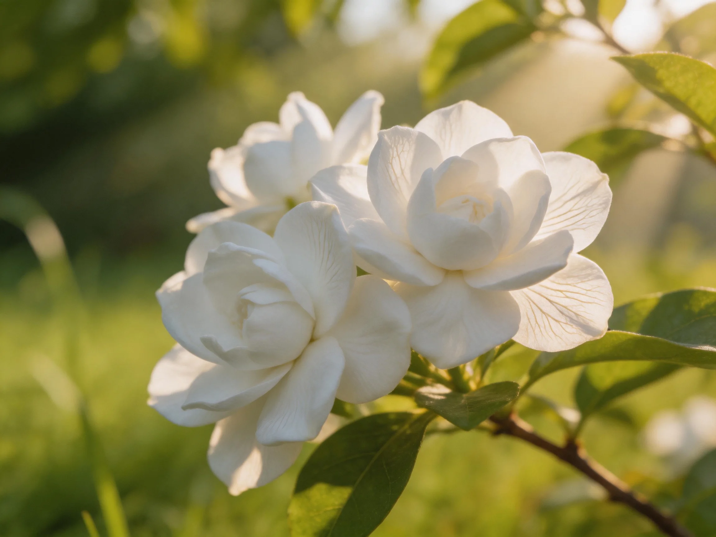 Three white jasmine blooms in a sun-dappled garden