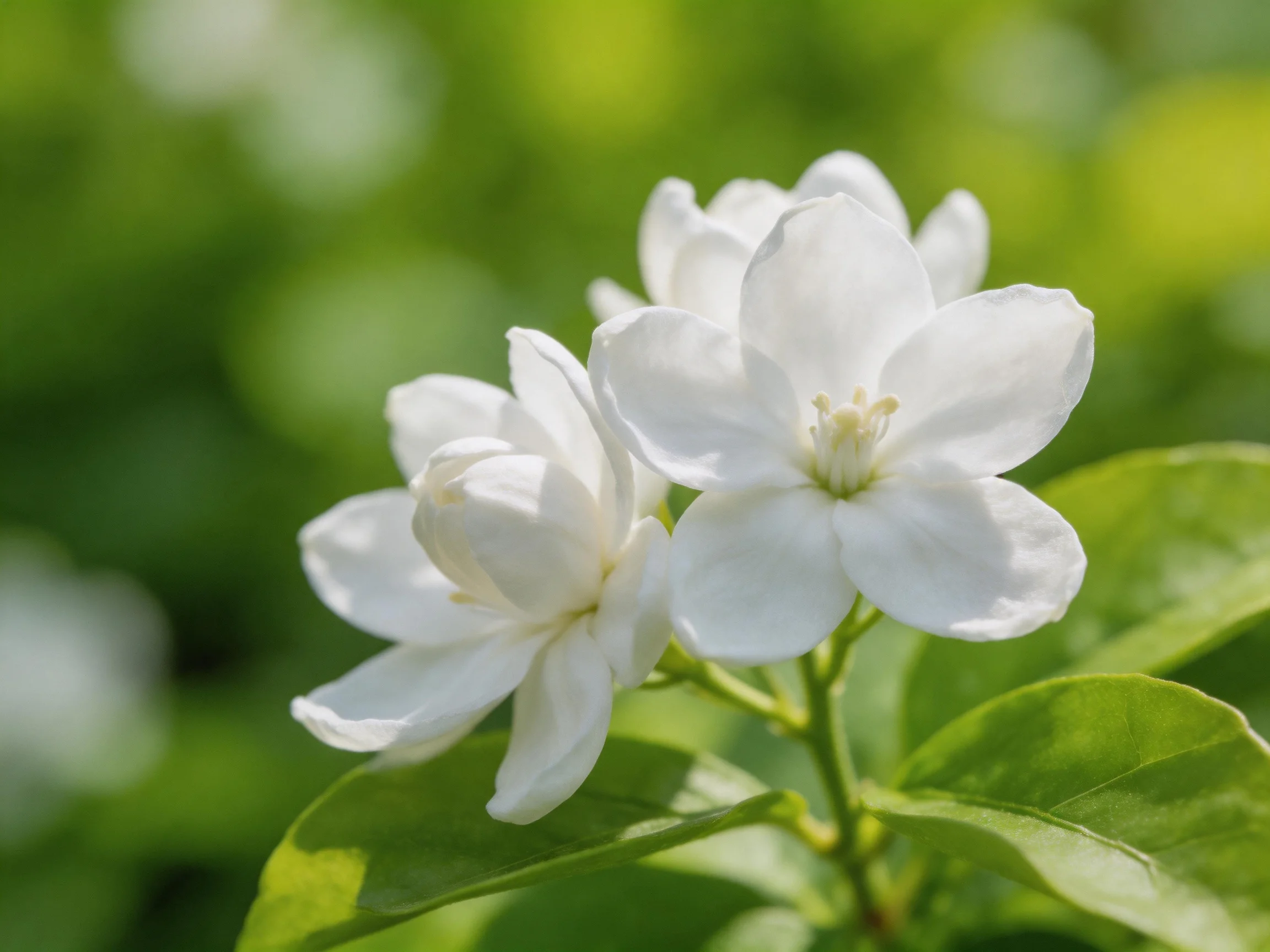 Three white jasmine blooms with vibrant green foliage