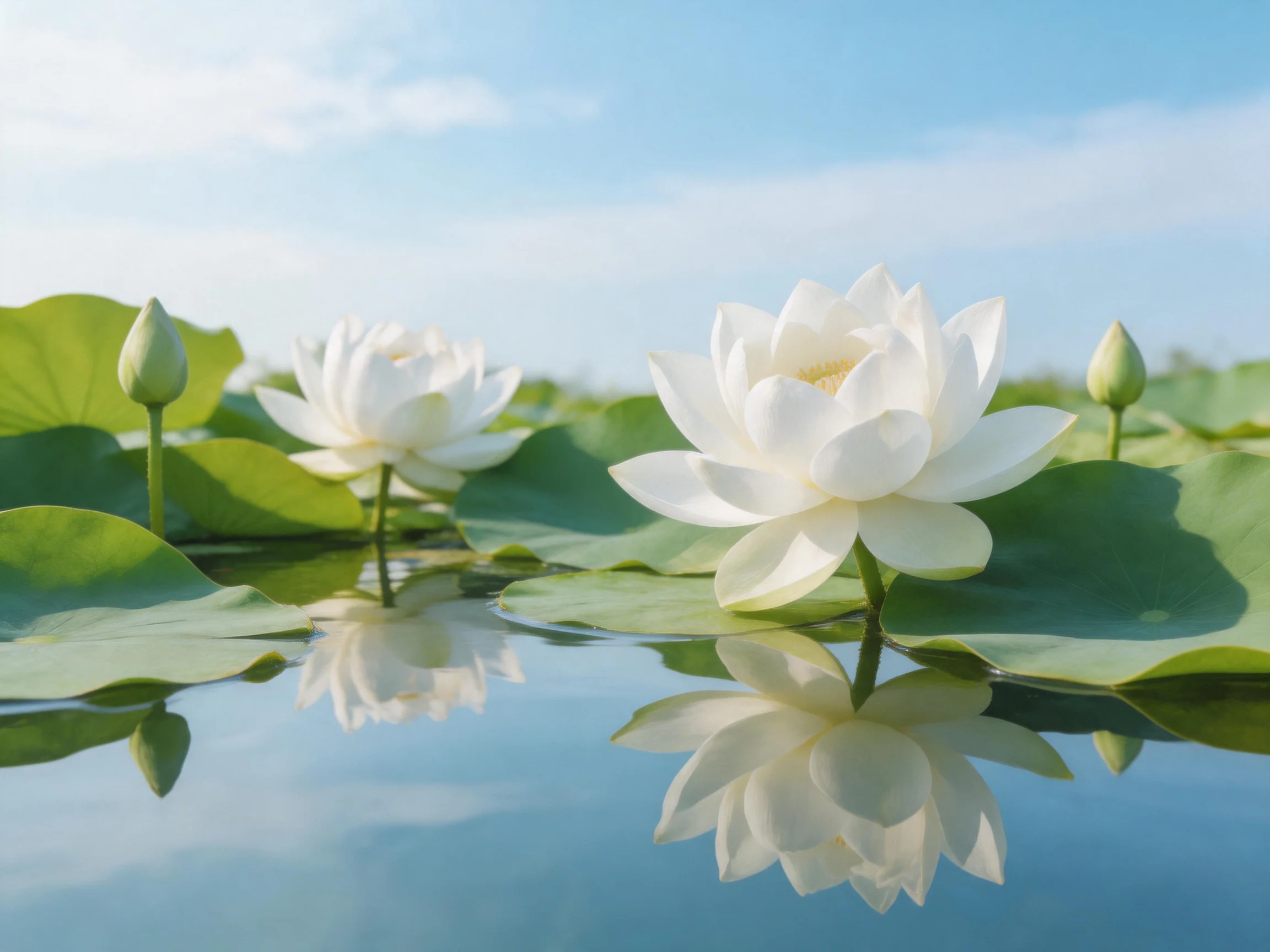 Three white lotus flowers float among large green lily pads on calm water